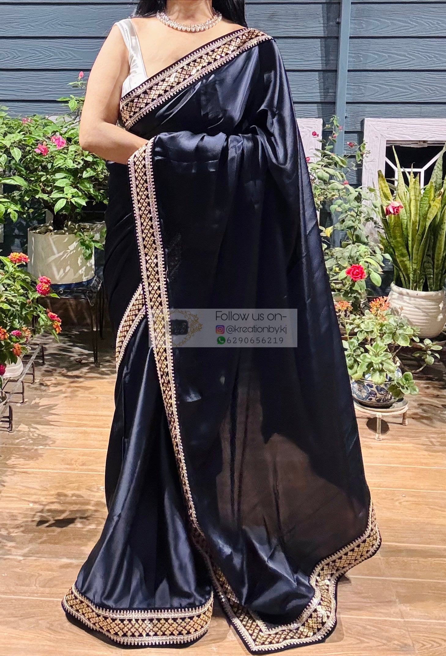 Dark Navy Blue Satin Silk Saree with Black Border kreationbykj