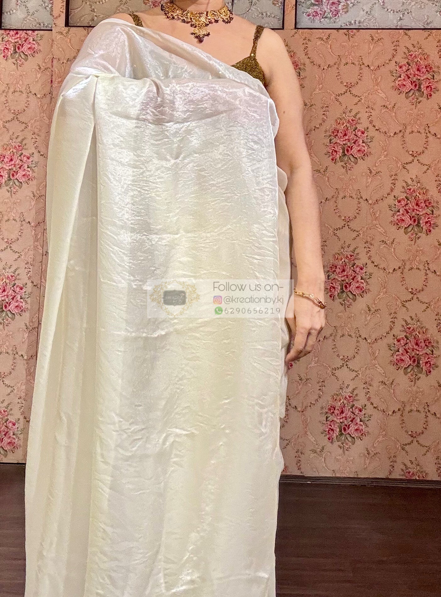 Cream Dream Shimmer Satin Saree - kreationbykj