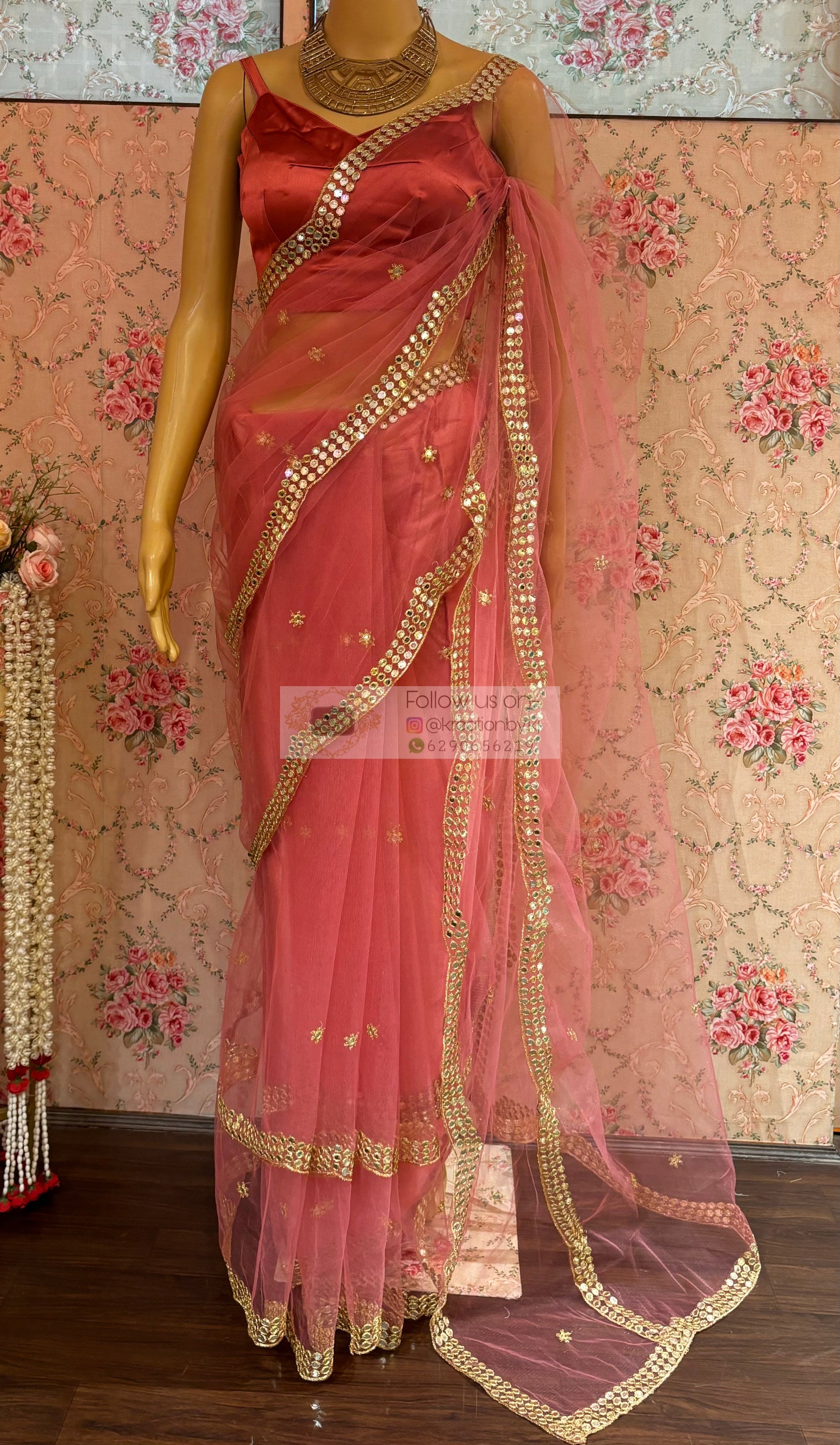 Pastel Pink Net Saree With Mirror Border kreationbykj
