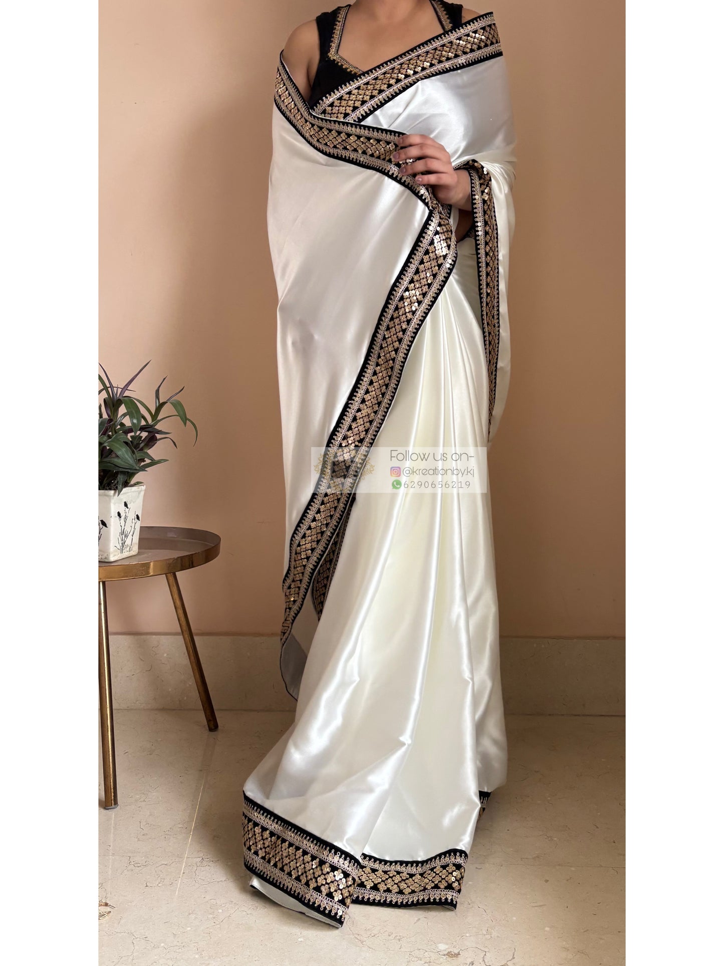 Cream Satin Silk Saree with Black Border Party Wear - kreationbykj
