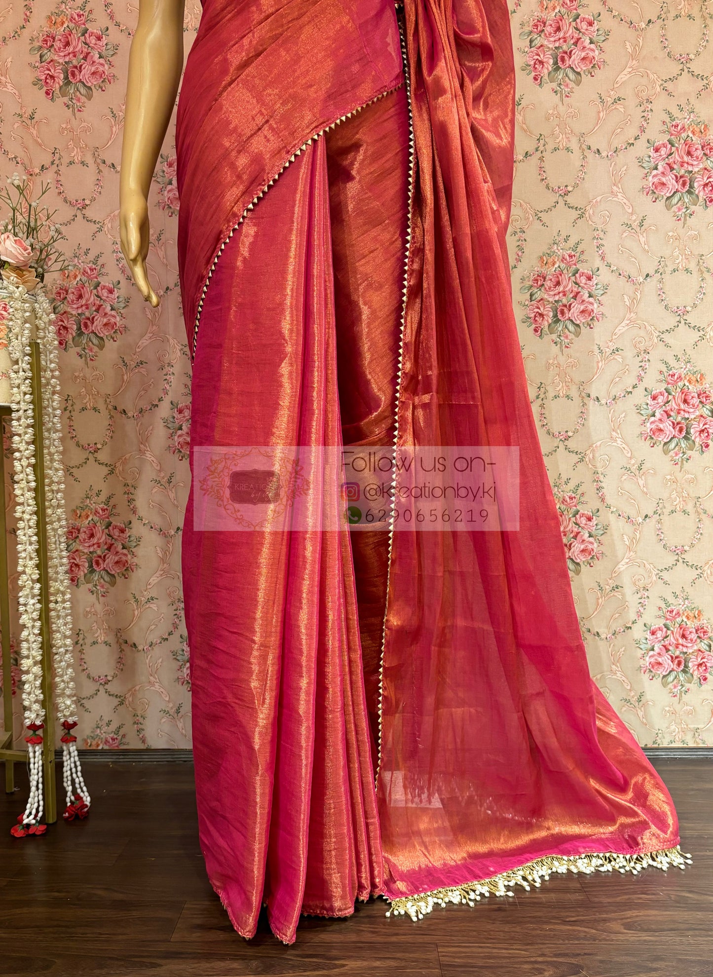 Coral Pink Cotton Tissue saree kreationbykj
