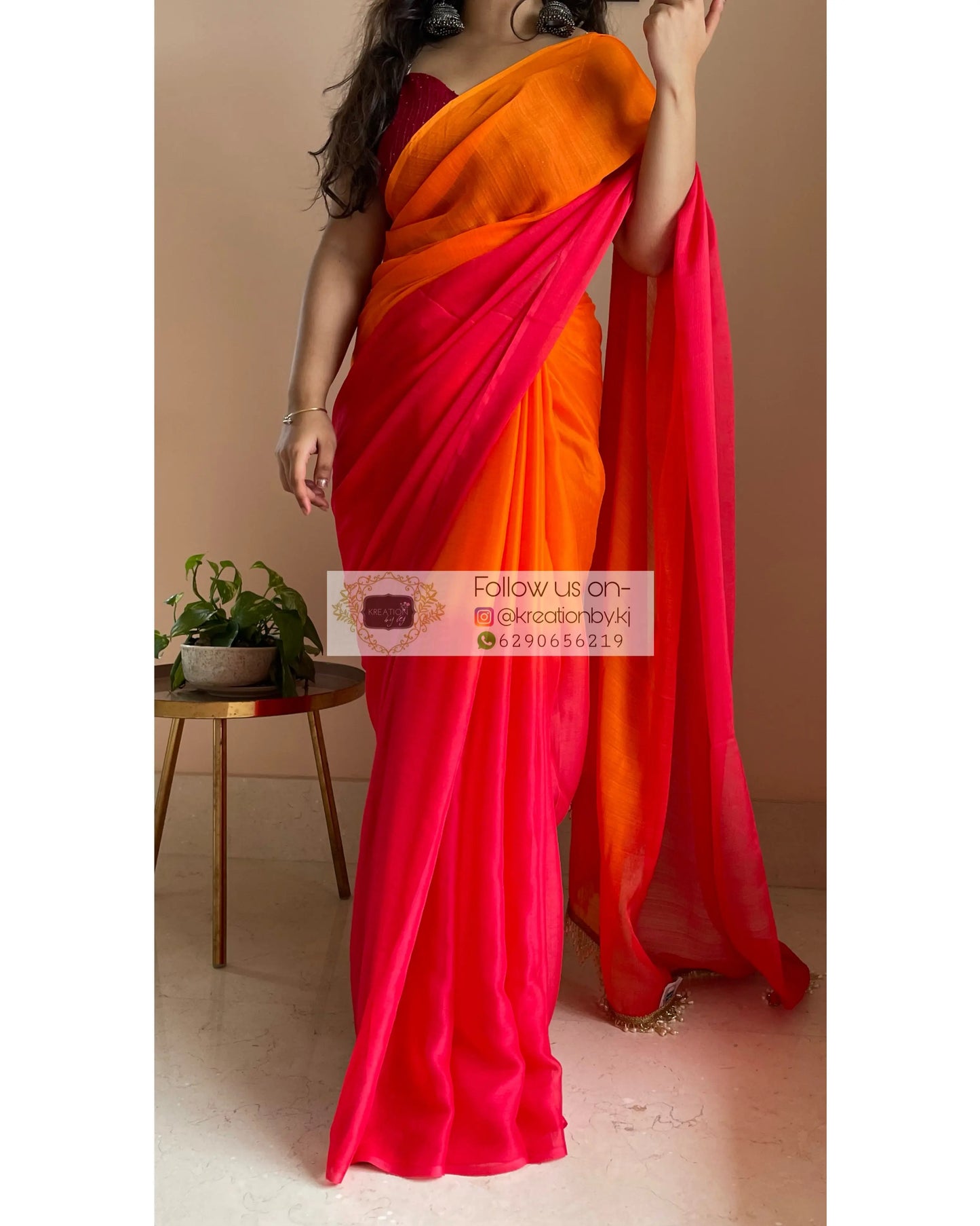 Sunset Ombré Chiffon Saree with Handmade Tassels on Pallu kreationbykj