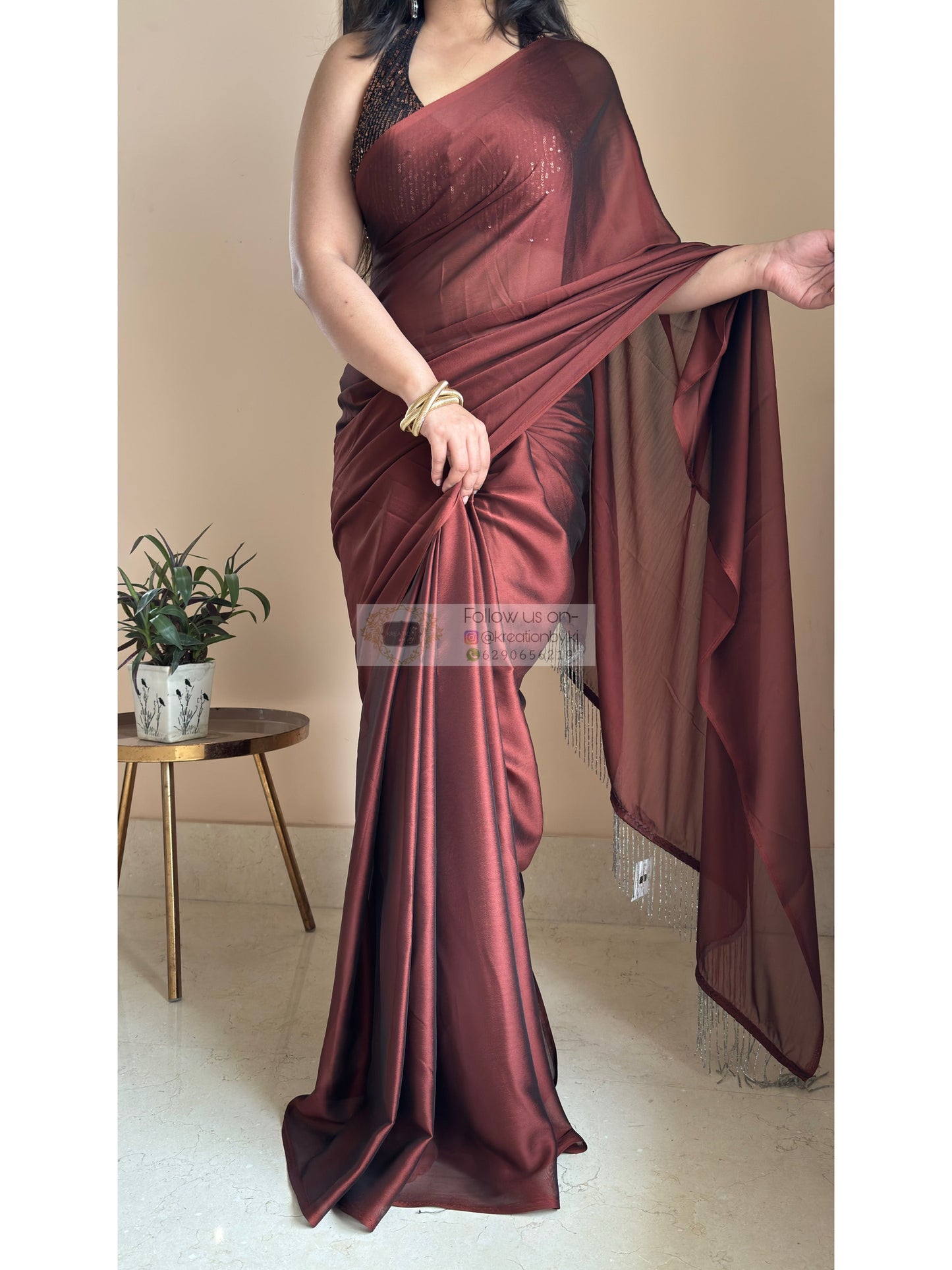 Coffee Brown Georgette Cocktail Saree kreationbykj