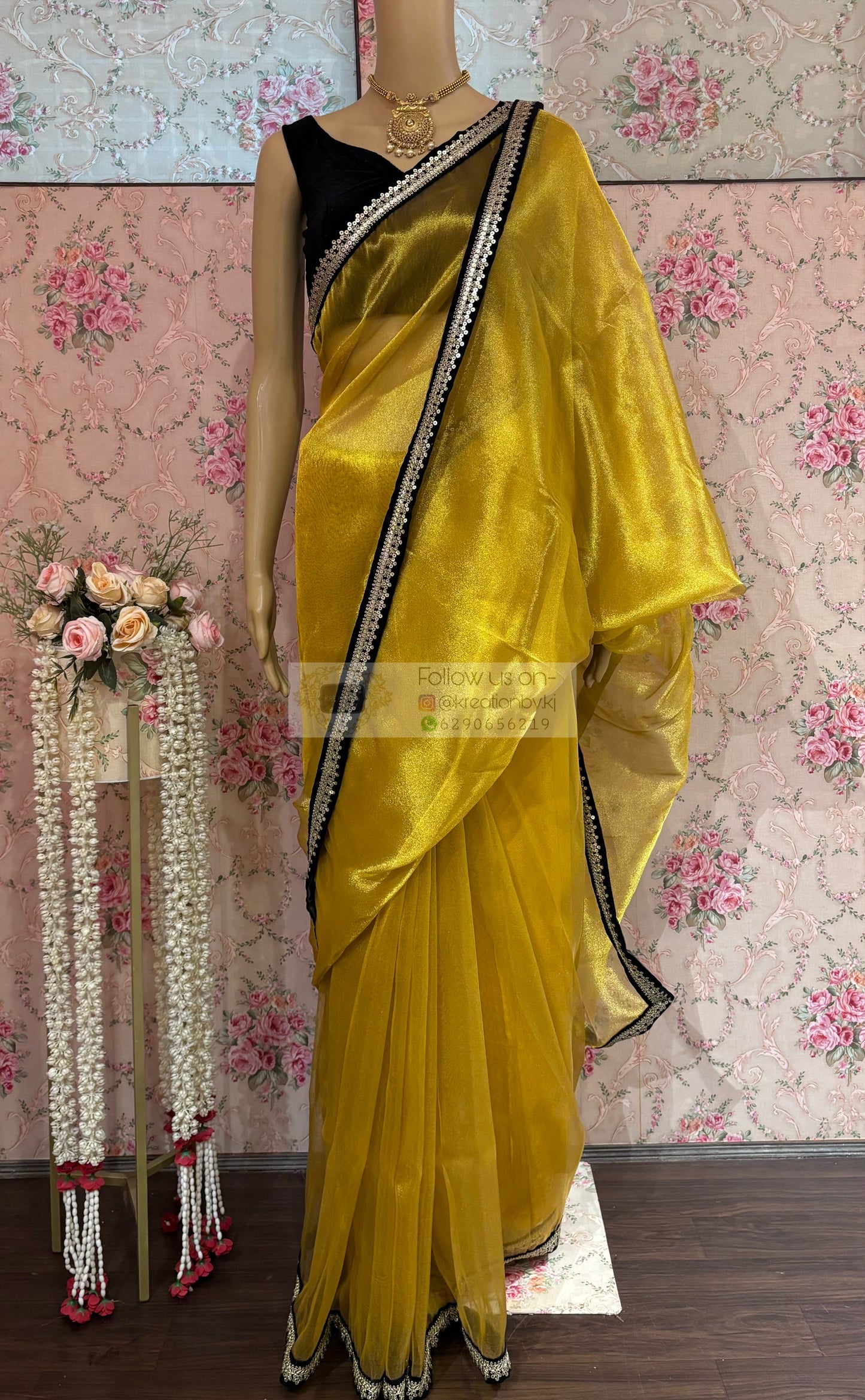 Golden Yellow Zari Tissue Cocktail Saree kreationbykj