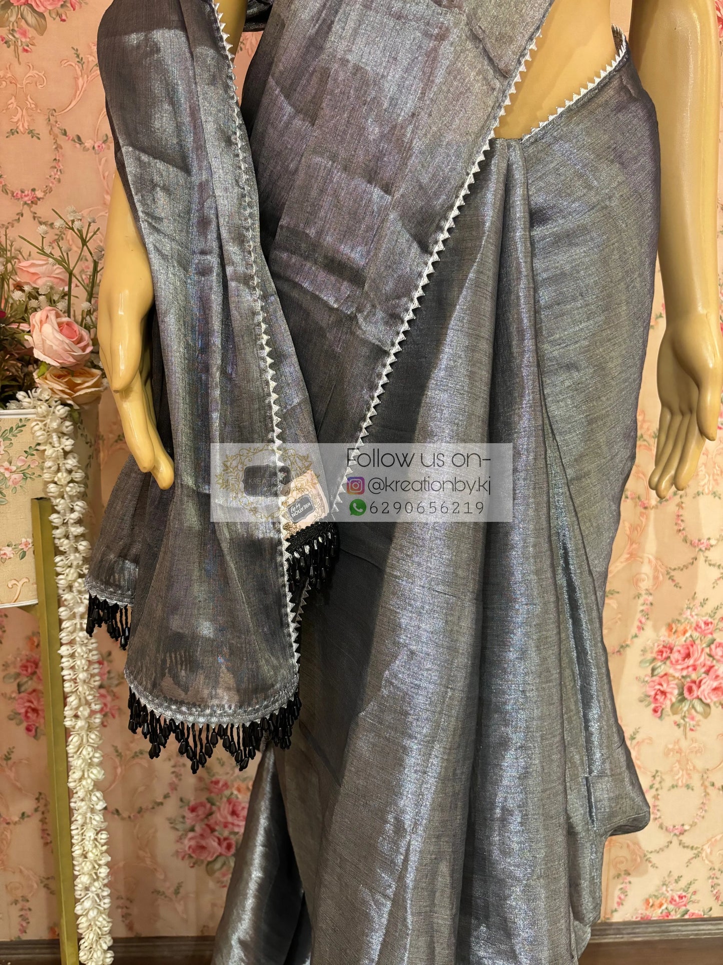 Grey Cotton Tissue Cocktail Saree kreationbykj