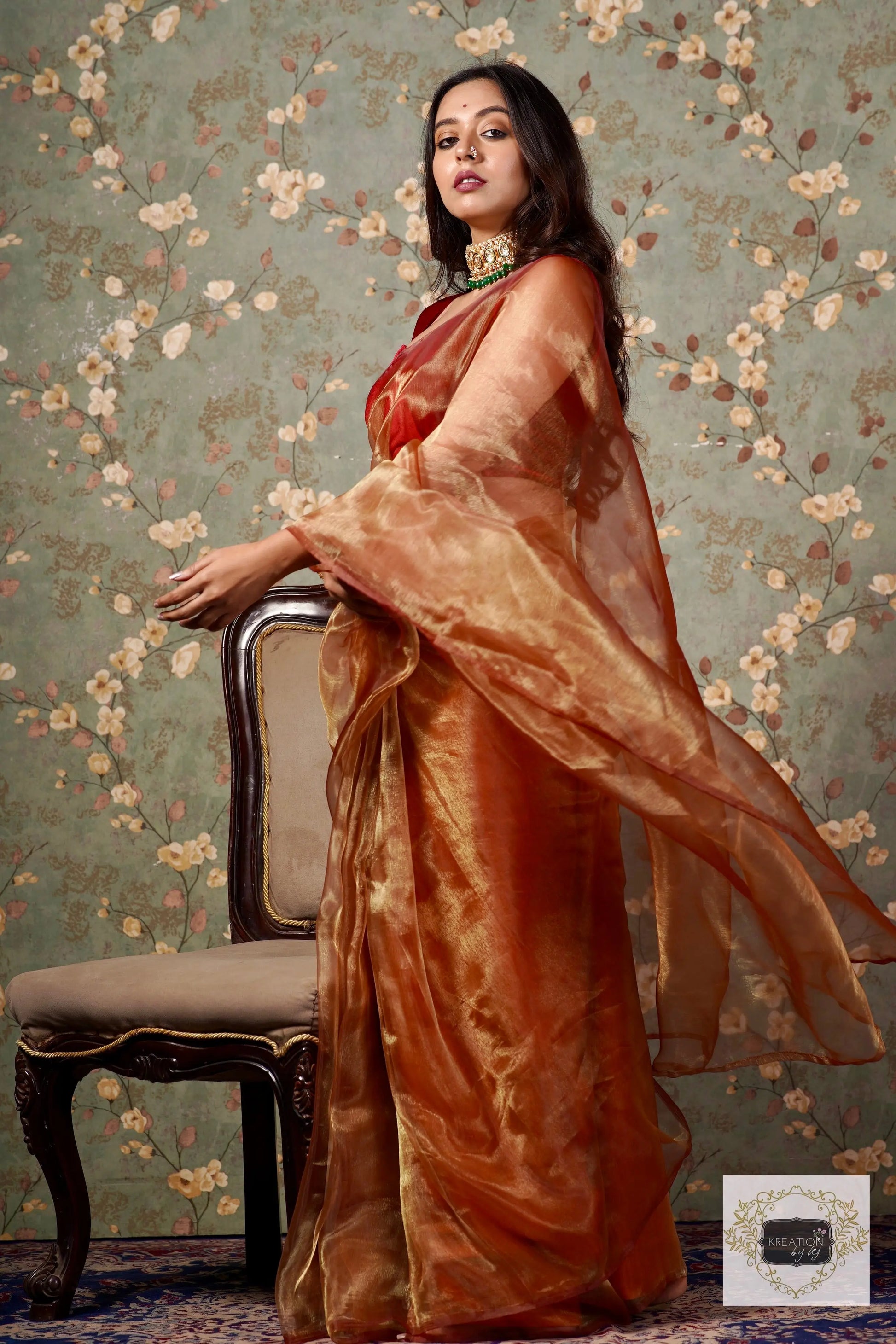 Golden Auburn Glass Tissue Saree kreationbykj
