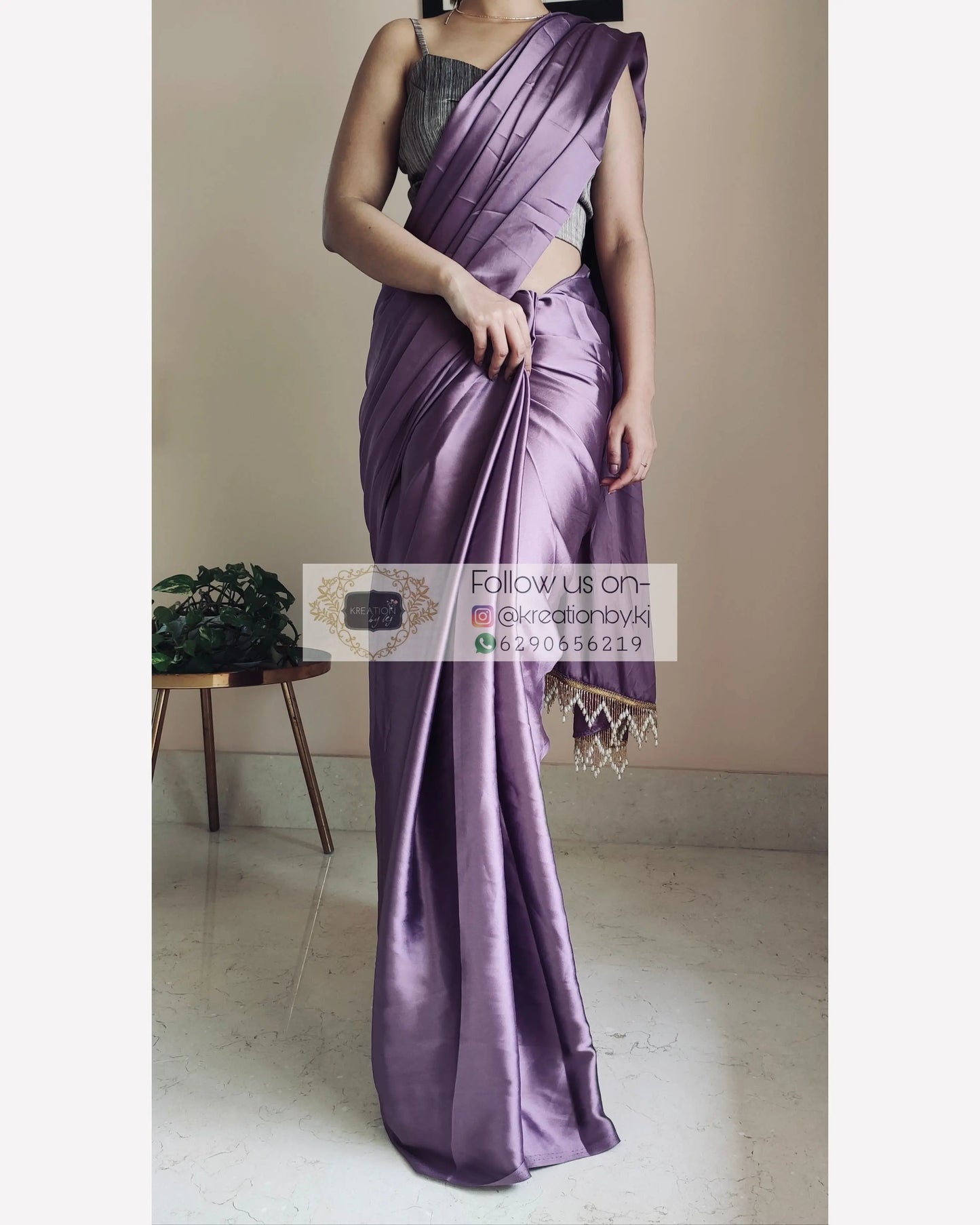 Heather Satin Silk Saree With Handmade Tassels On Pallu kreationbykj.in
