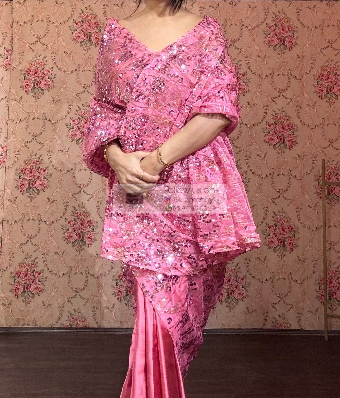 Pink Mermaid Sequin Partywear Saree kreationbykj