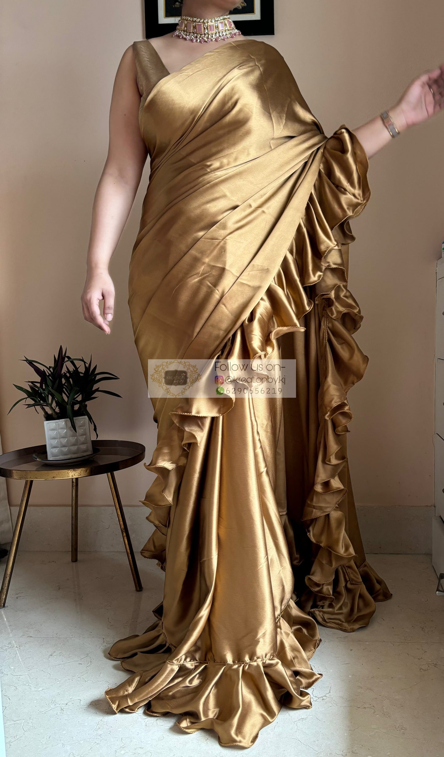Golden Brown Ruffle Saree kreationbykj