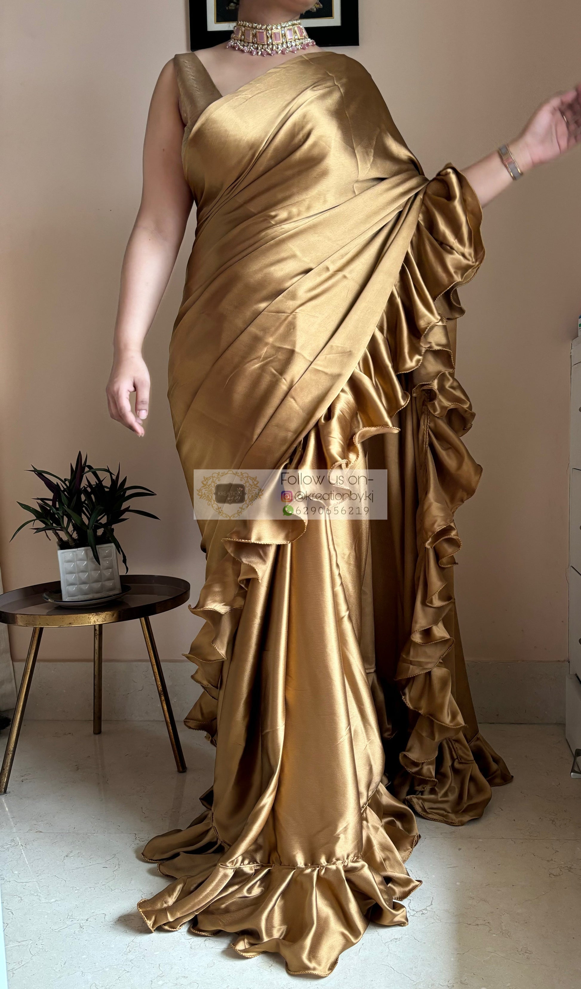 Golden Brown Ruffle Saree kreationbykj