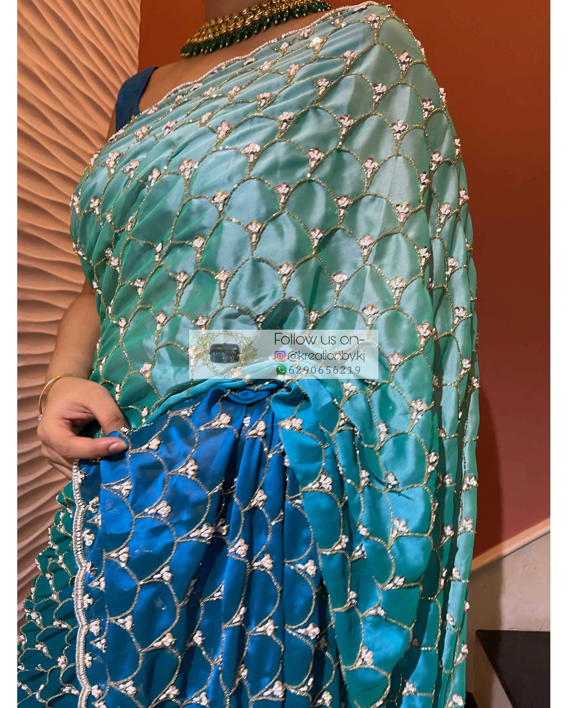 Ocean Mist Ombré Cutdana Mehraab Jaal Saree kreationbykj