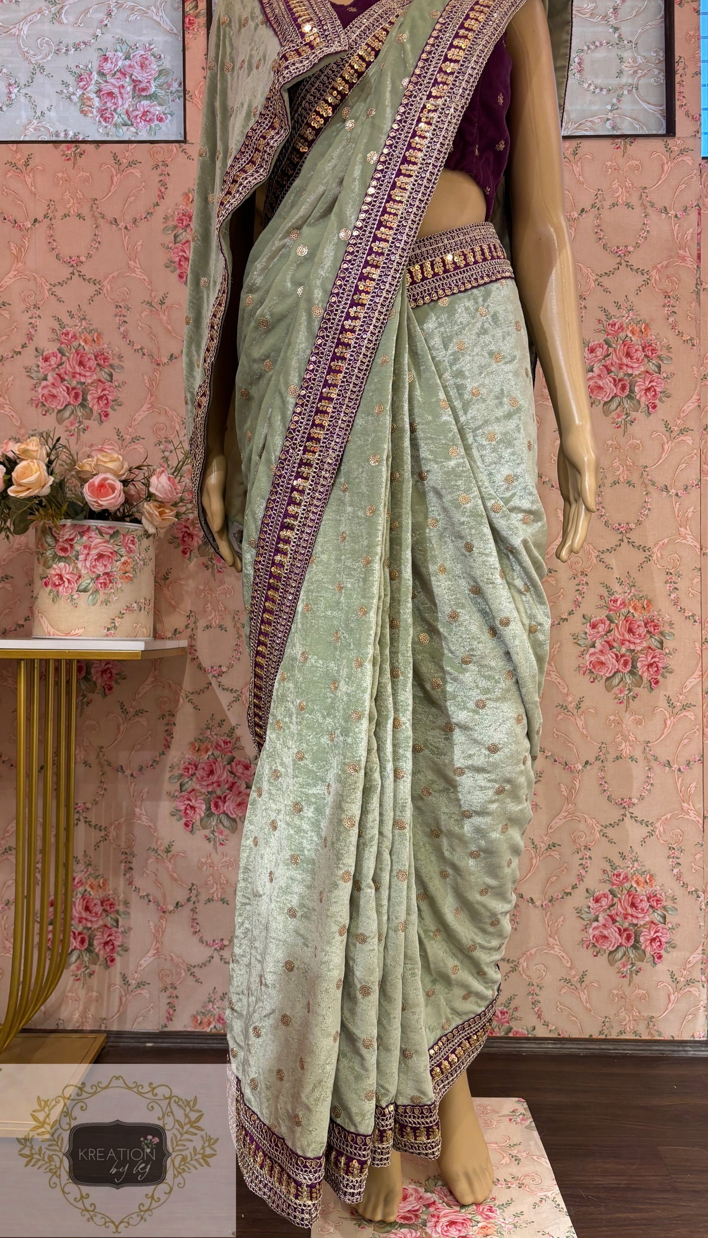 Sage Green Velvet Saree With Border kreationbykj