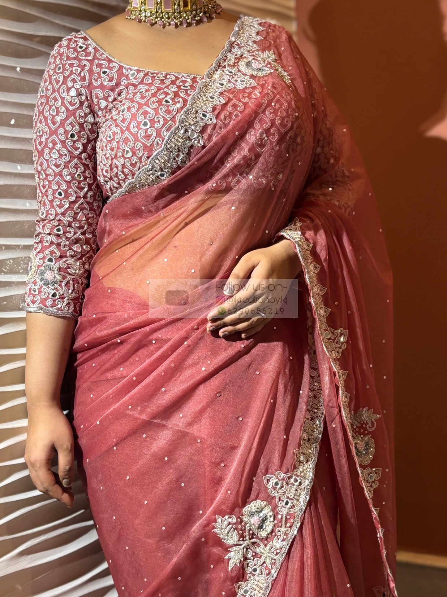 Salmon Pink Hand-embroidered Saree kreationbykj