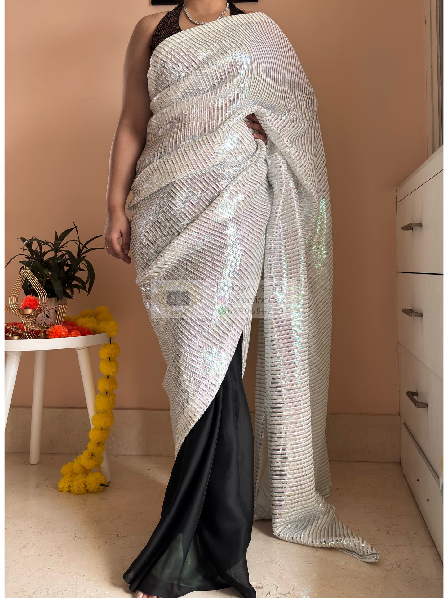 Dazzle White Sequin Half Cocktail Saree Kreation by KJ