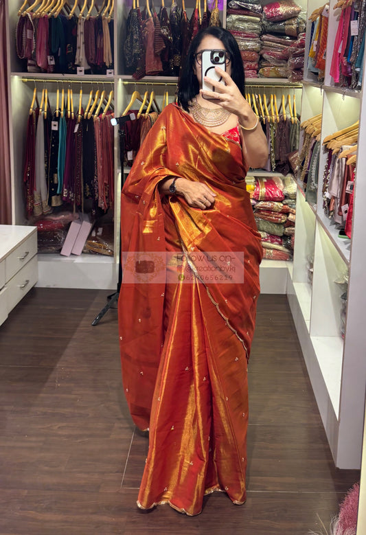 Burnt Orange Tissue Saree with Handembroidered Scalloping kreationbykj