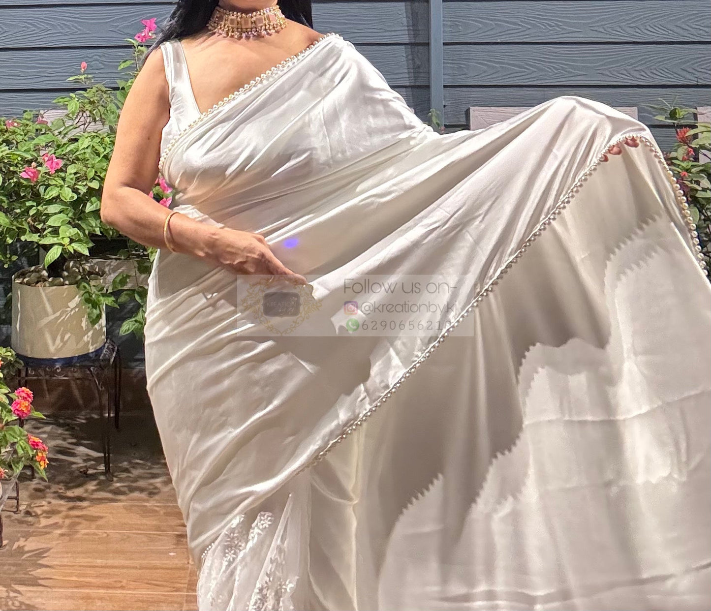 Cream Cheery Blossom Saree kreationbykj