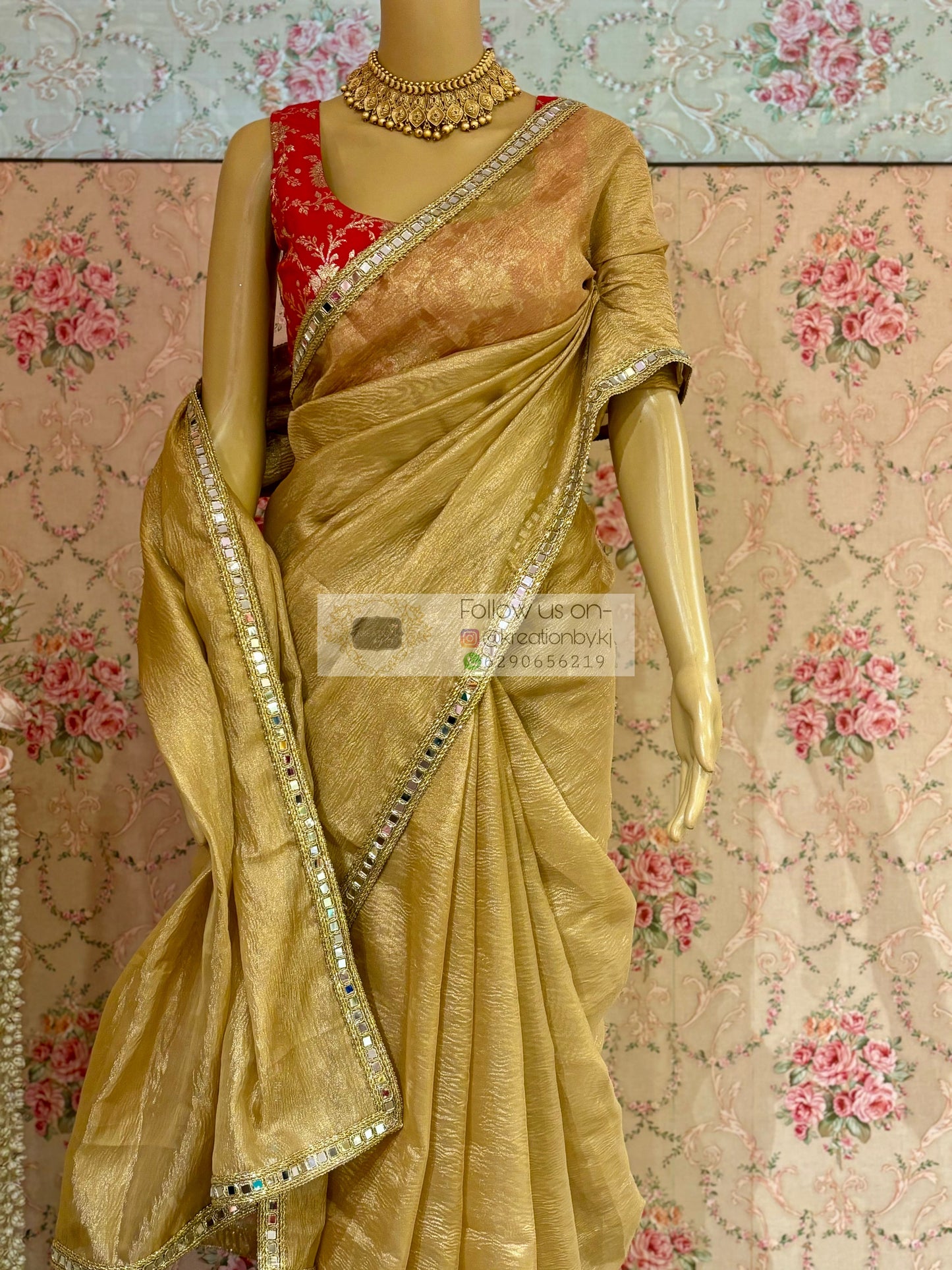 Golden Beige Tissue Saree with Mirror Border kreationbykj
