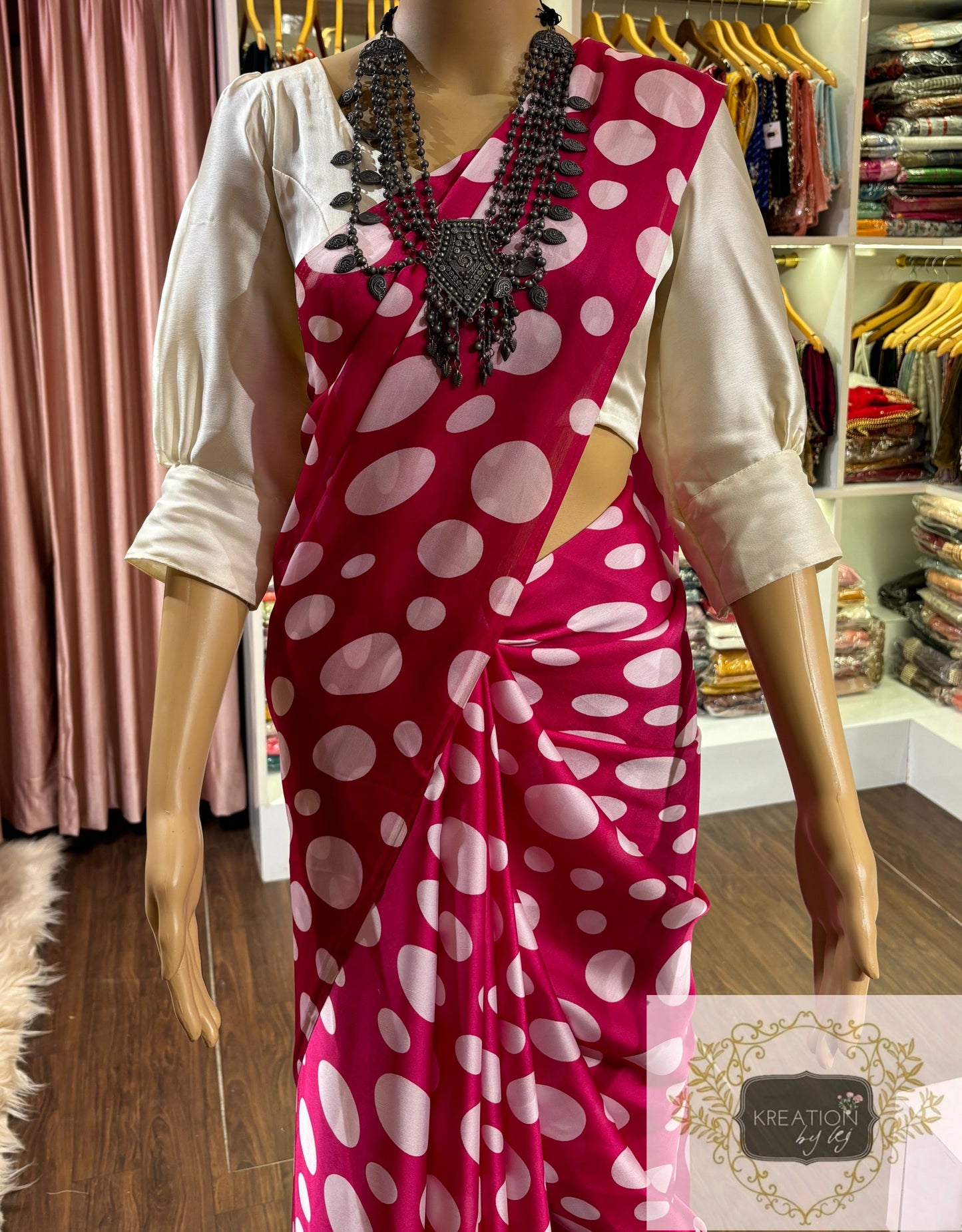 Magenta Pink Polka Dot Saree kreationbykj