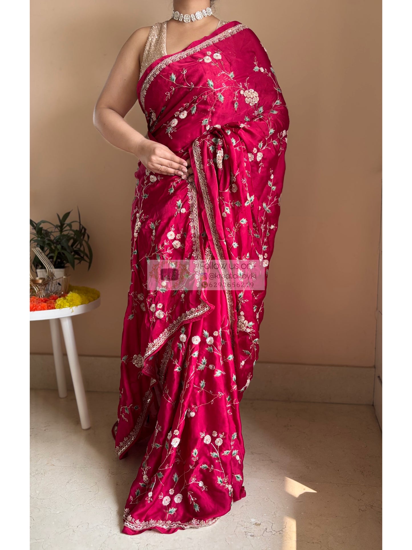 Luxe Cherry Wine Zardosi Jaal Saree