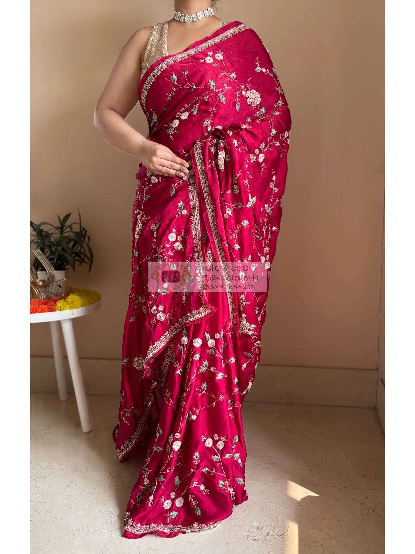 Luxe Cherry Wine Zardozi Jaal Saree Kreation by KJ