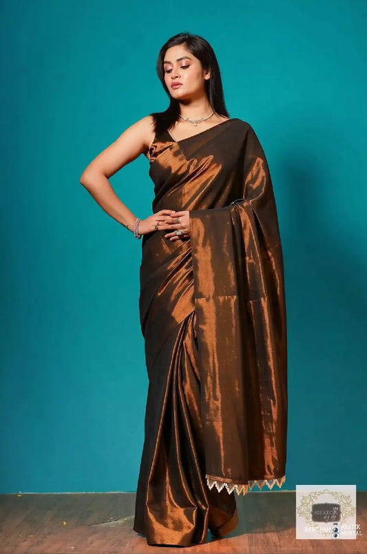 Copper Bronze Cotton Tissue Saree With Tassels in Pallu kreationbykj
