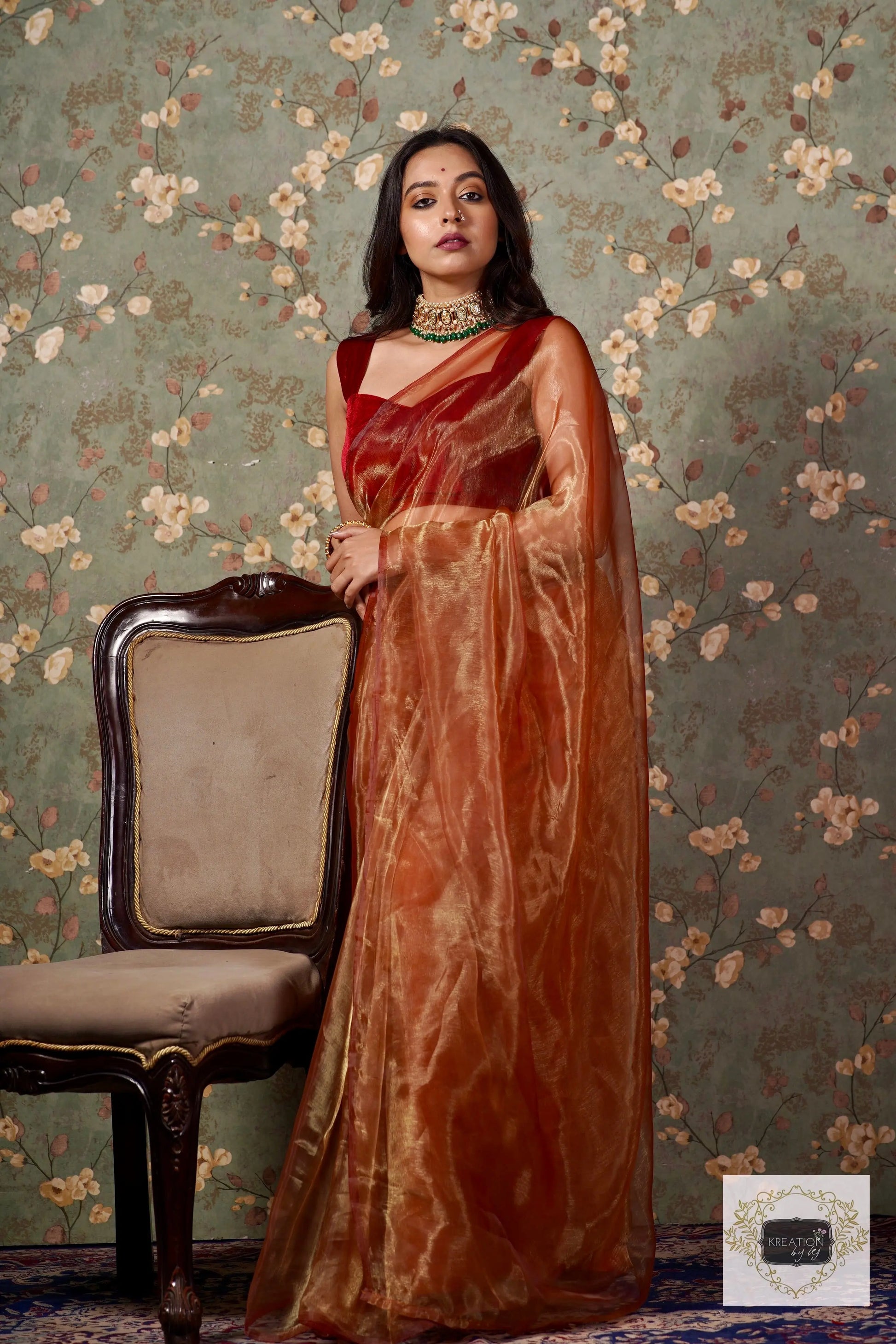 Golden Auburn Glass Tissue Saree kreationbykj