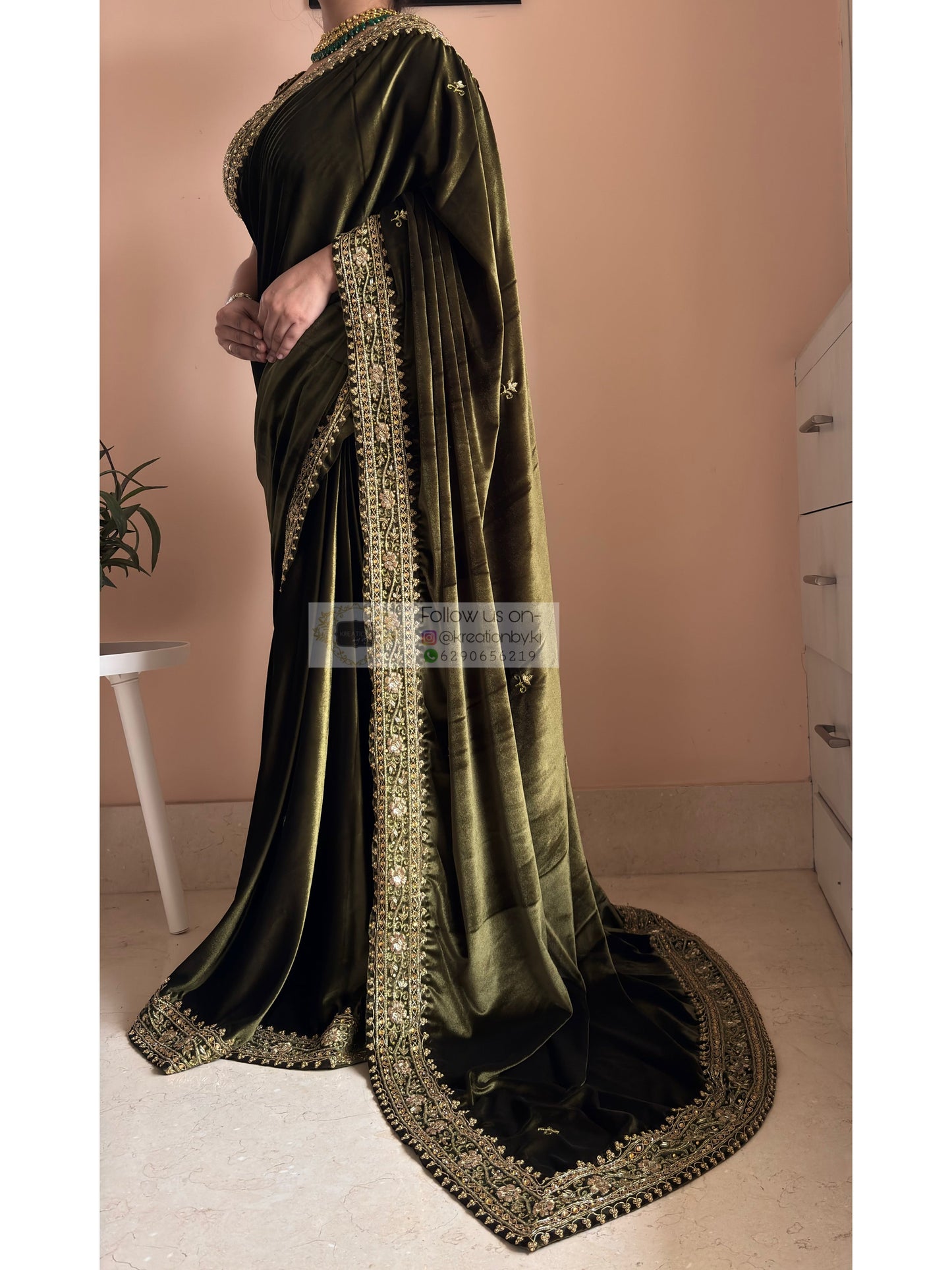 Mehendi Green Velvet Zarina Saree for Wedding Kreation by KJ