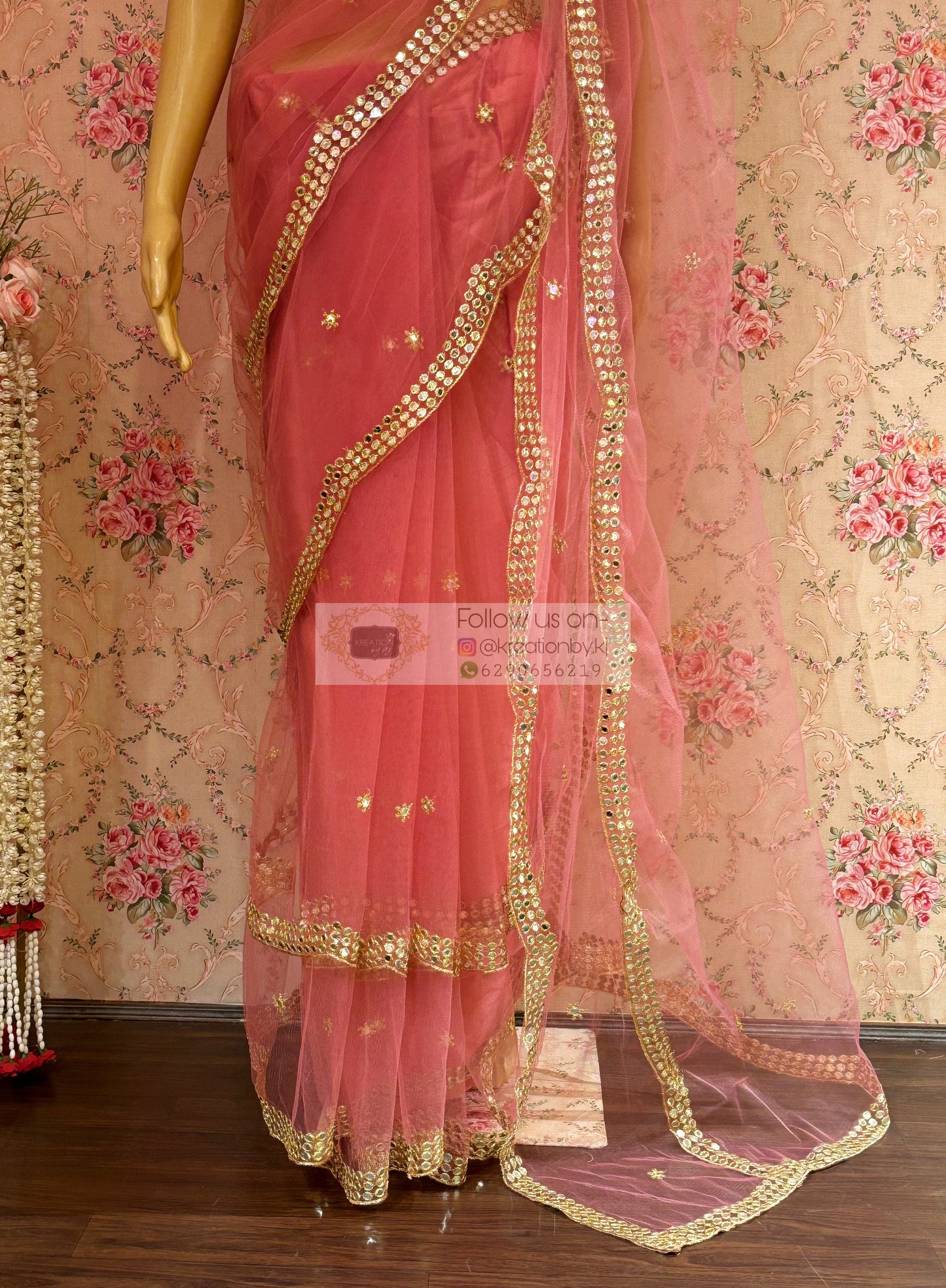 Pastel Pink Net Saree With Mirror Border kreationbykj
