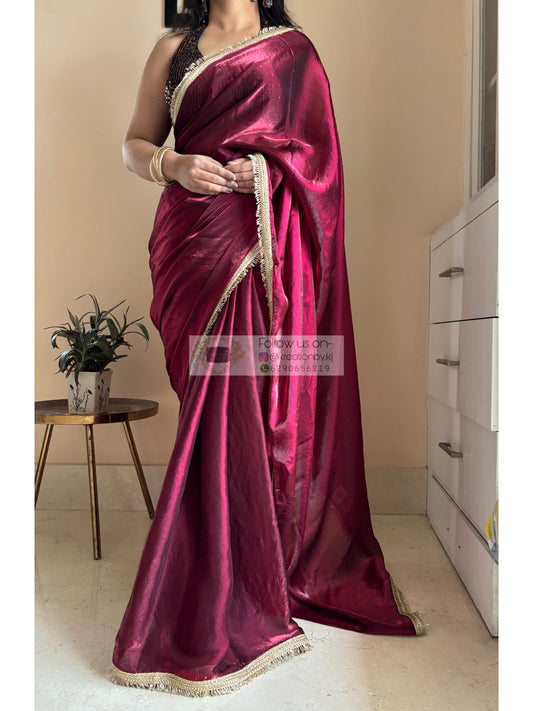 Cheery Wine Metallic Shimmer satin Banno Saree kreationbykj