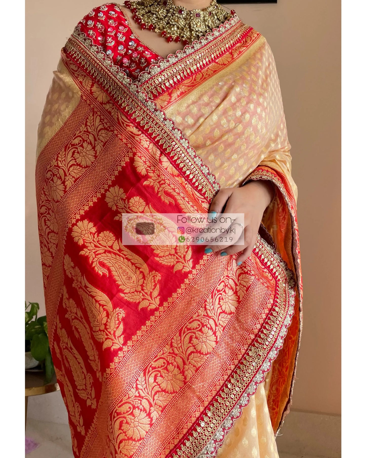 Beige Banarasi Georgette Saree with Red Border for Puja kreationbykj