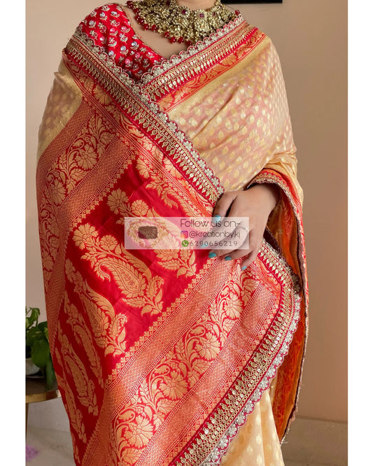 Beige Banarasi Georgette Saree with Red Border for Puja kreationbykj