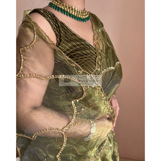 Military Green Chaudhvin ka Chand Saree for Wedding Kreation by KJ