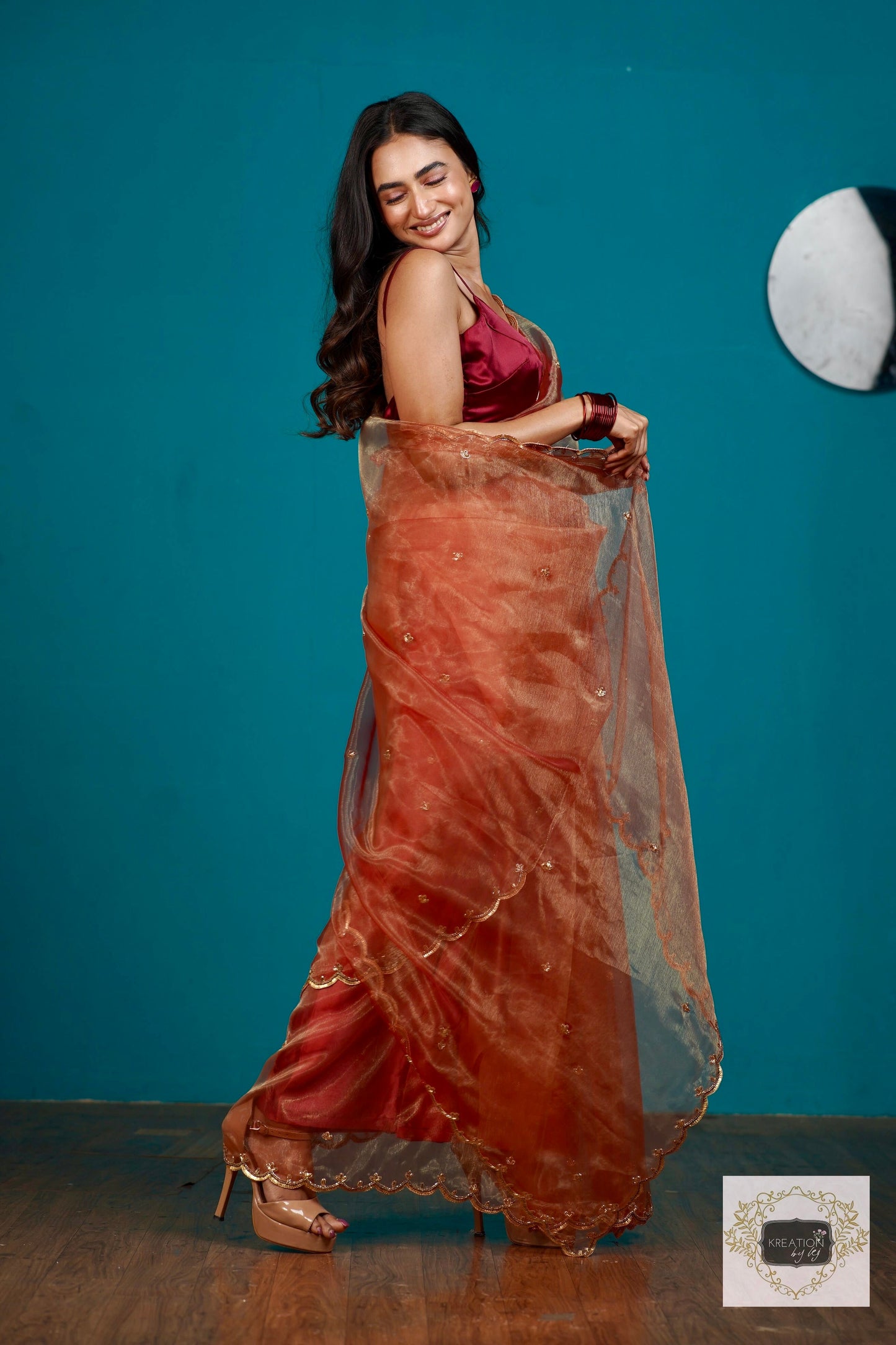 Marigold Glass Tissue Sequin Piyali Saree kreationbykj