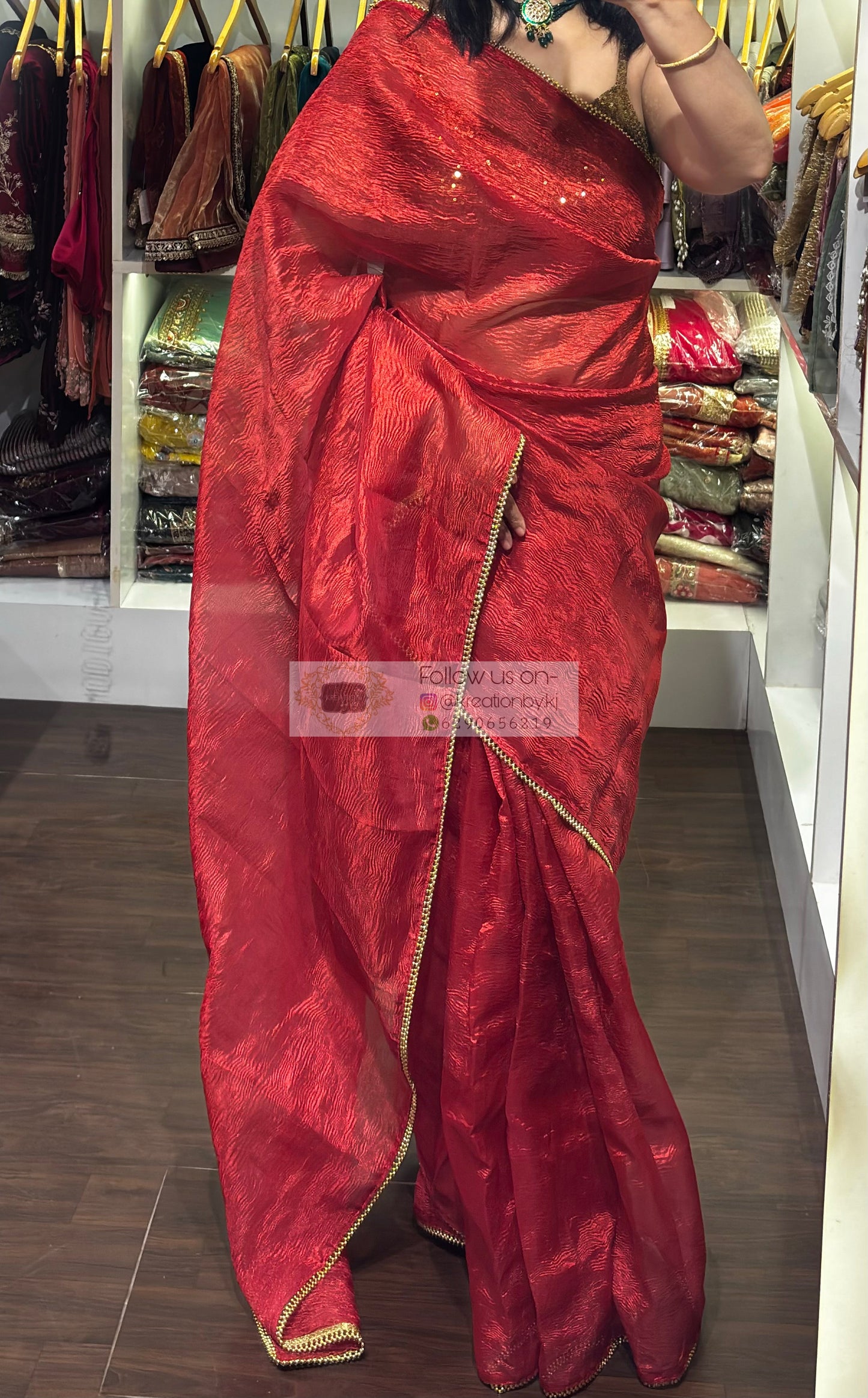 Red Crushed Tissue Saree with Golden Border kreationbykj