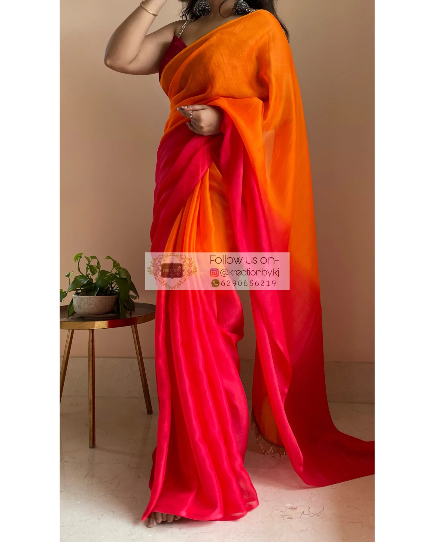 Sunset Ombré Chiffon Saree with Handmade Tassels on Pallu kreationbykj