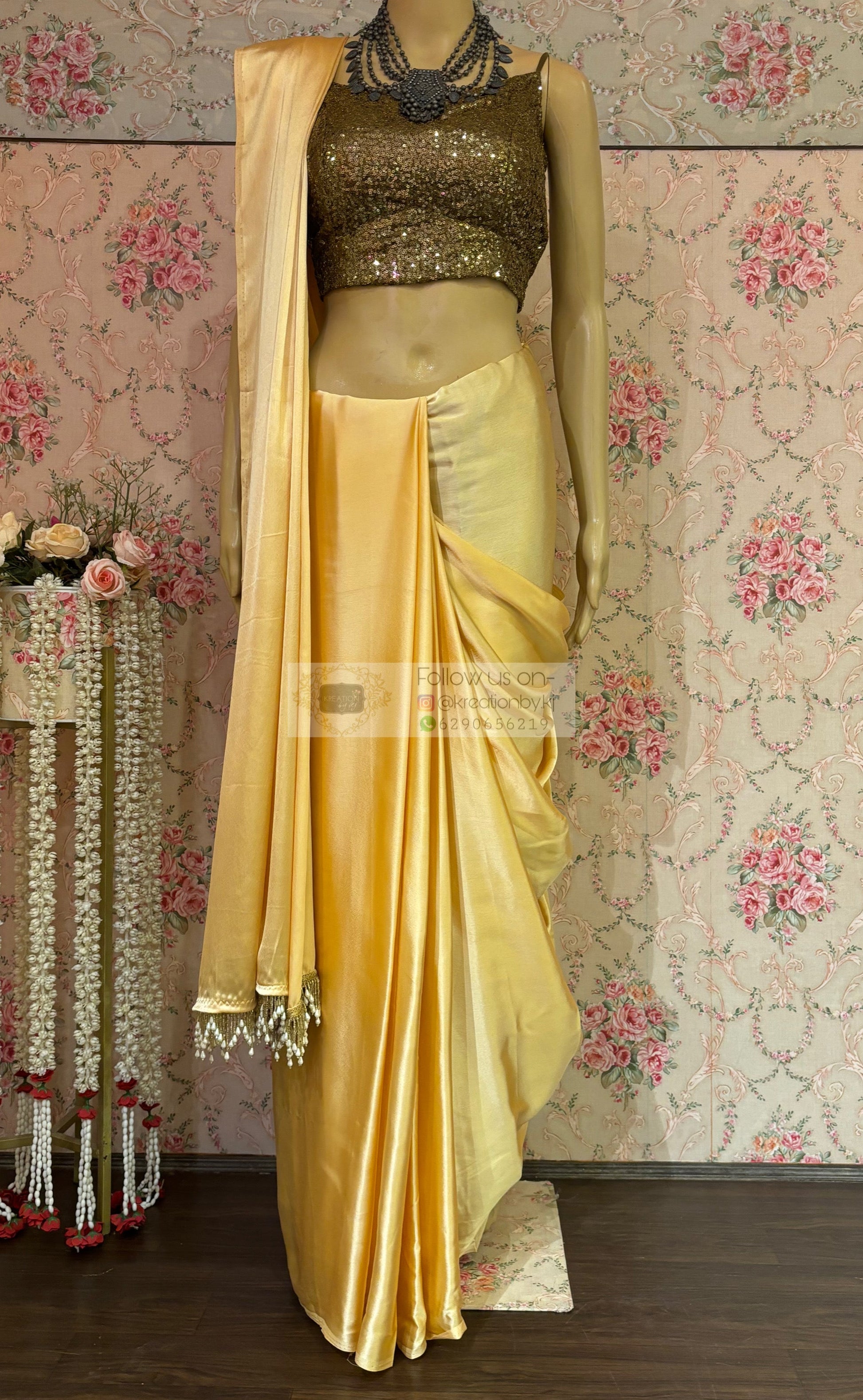 Yellow Cream Satin Silk Saree with Handmade Tassels on Pallu kreationbykj