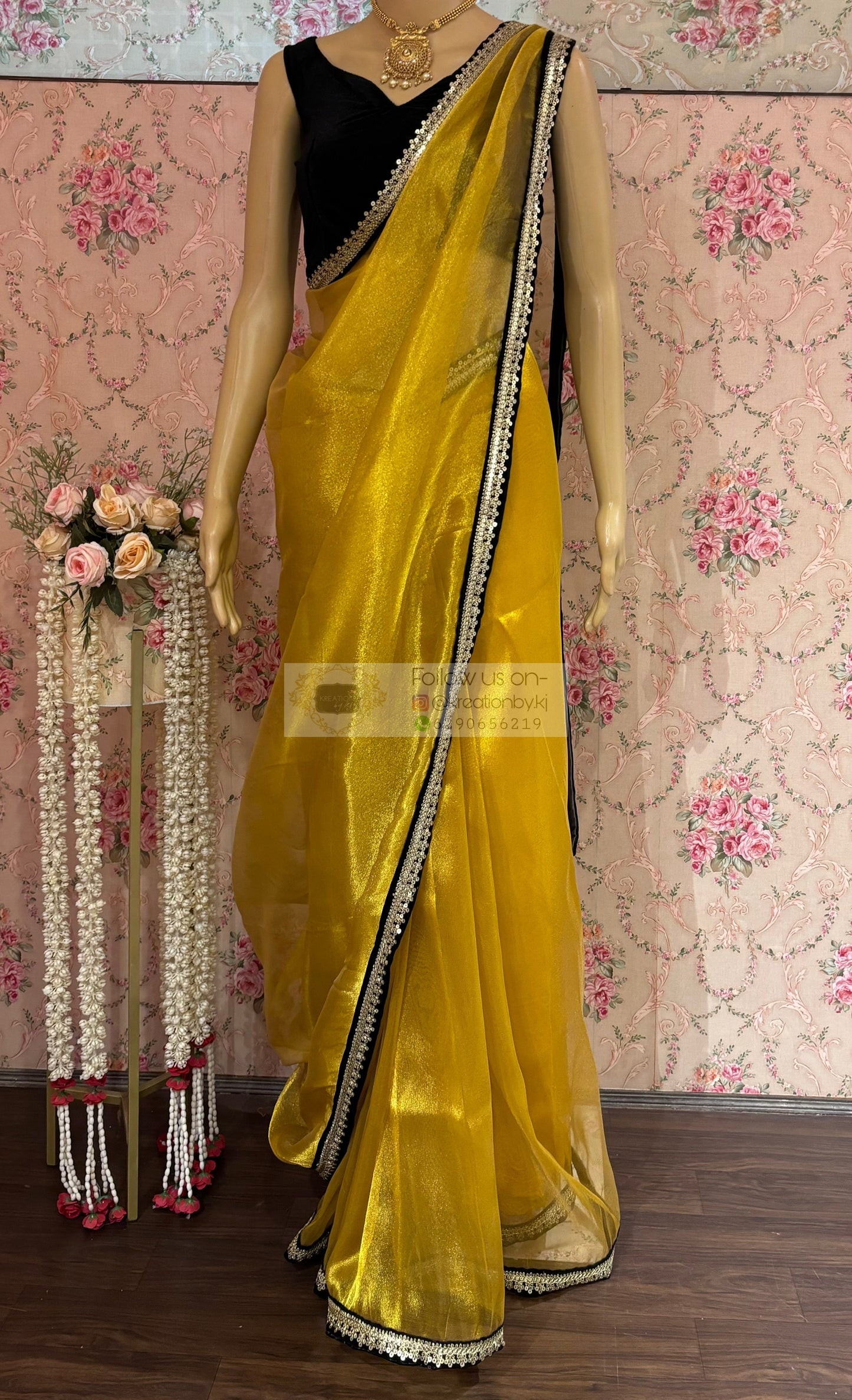 Golden Yellow Zari Tissue Cocktail Saree kreationbykj