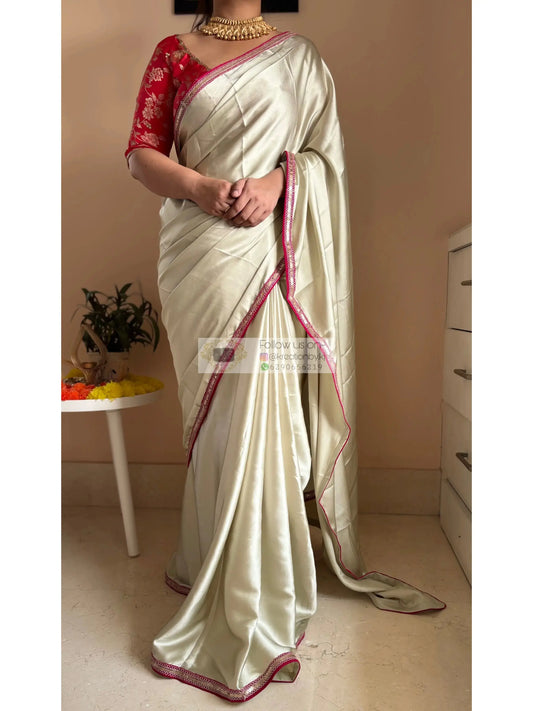 Cream with Green Hues Satin Silk Saree Kreation by KJ