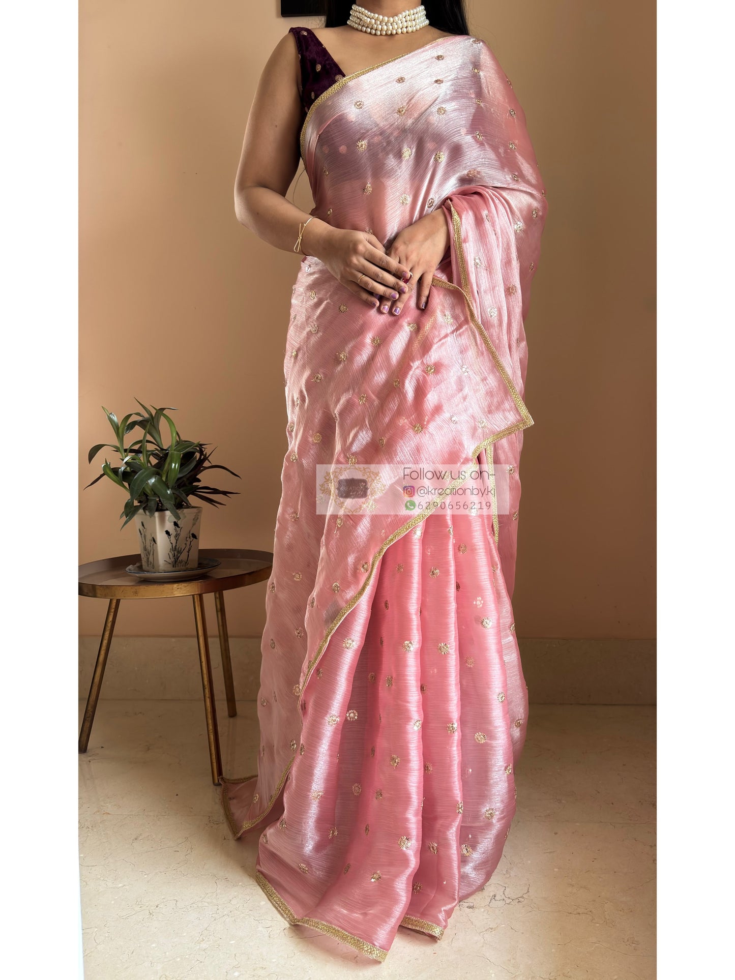 Peach Mettalic Chiffon Saree with Sequin Border