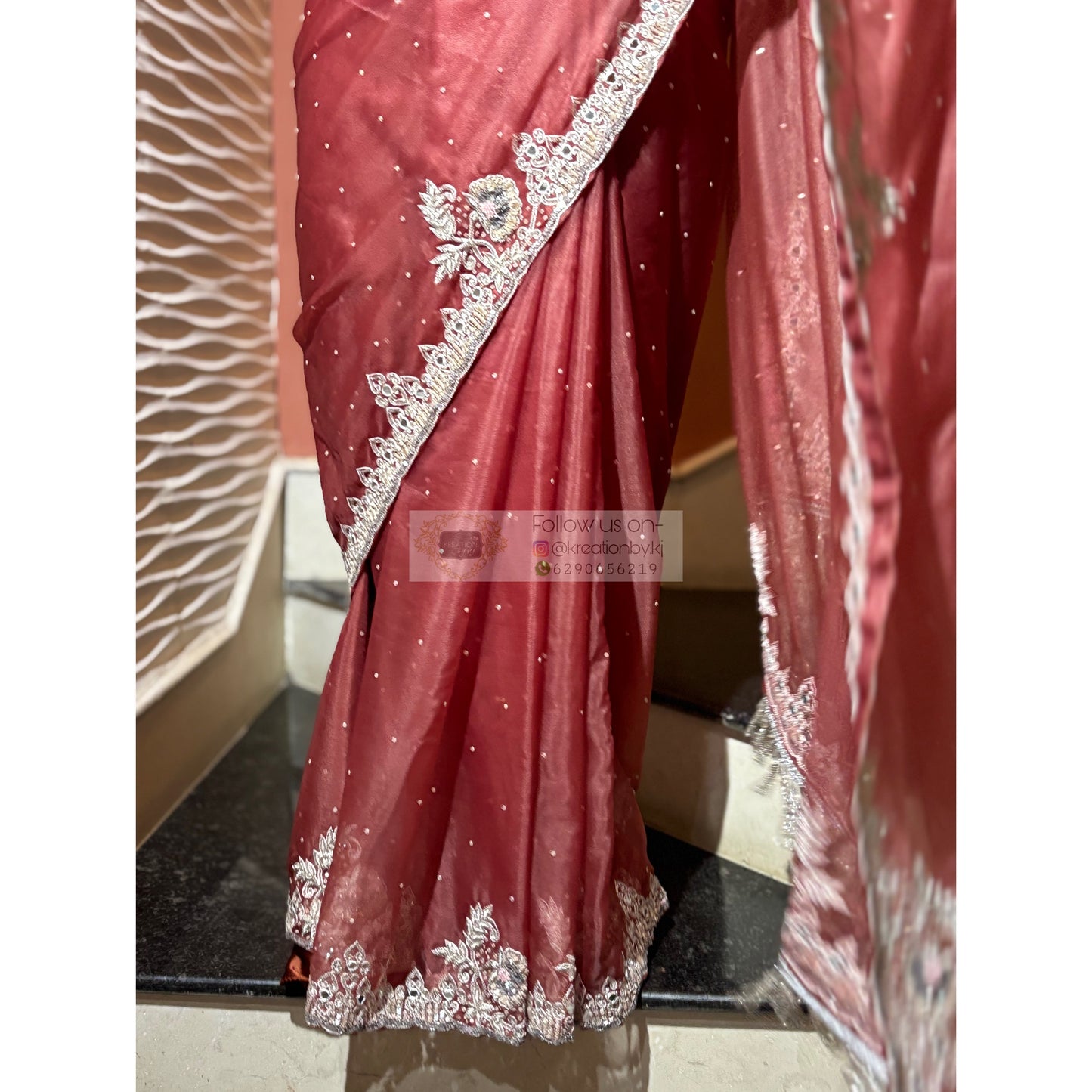 Salmon Pink Hand-embroidered Saree kreationbykj