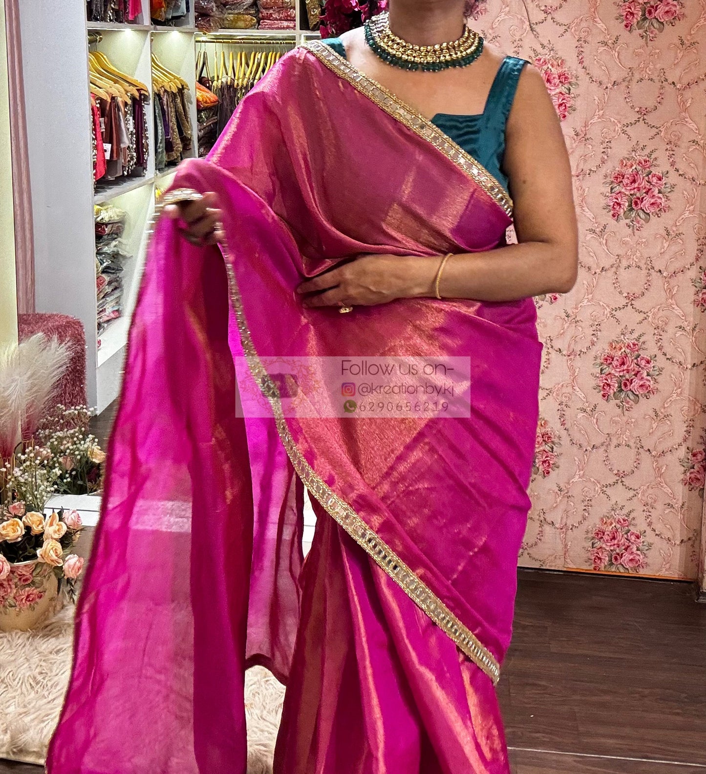 Hot Pink Mirage Saree with Cut Mirror Border kreationbykj
