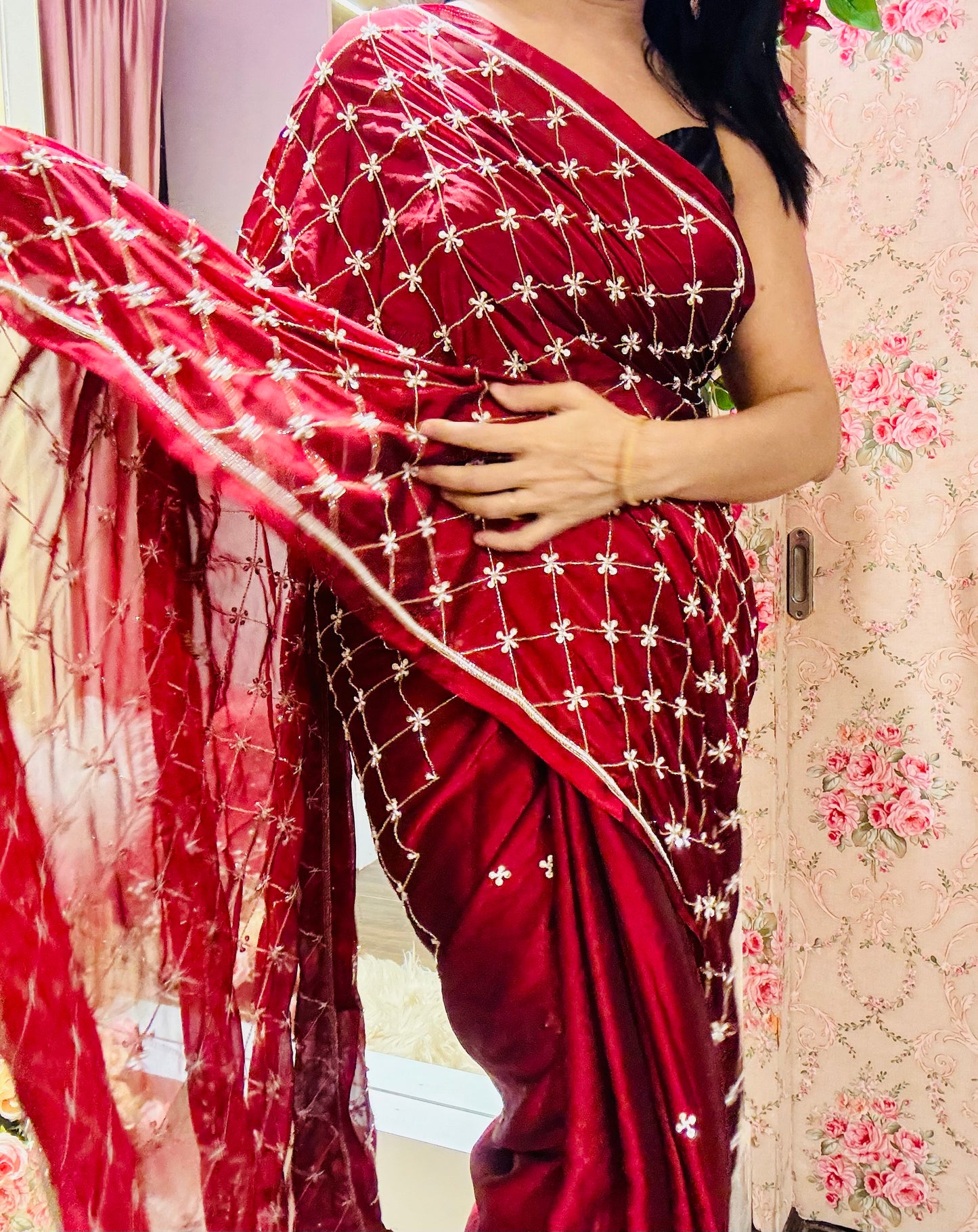 Maroon Georgette Cutdana Jaal Saree - kreationbykj