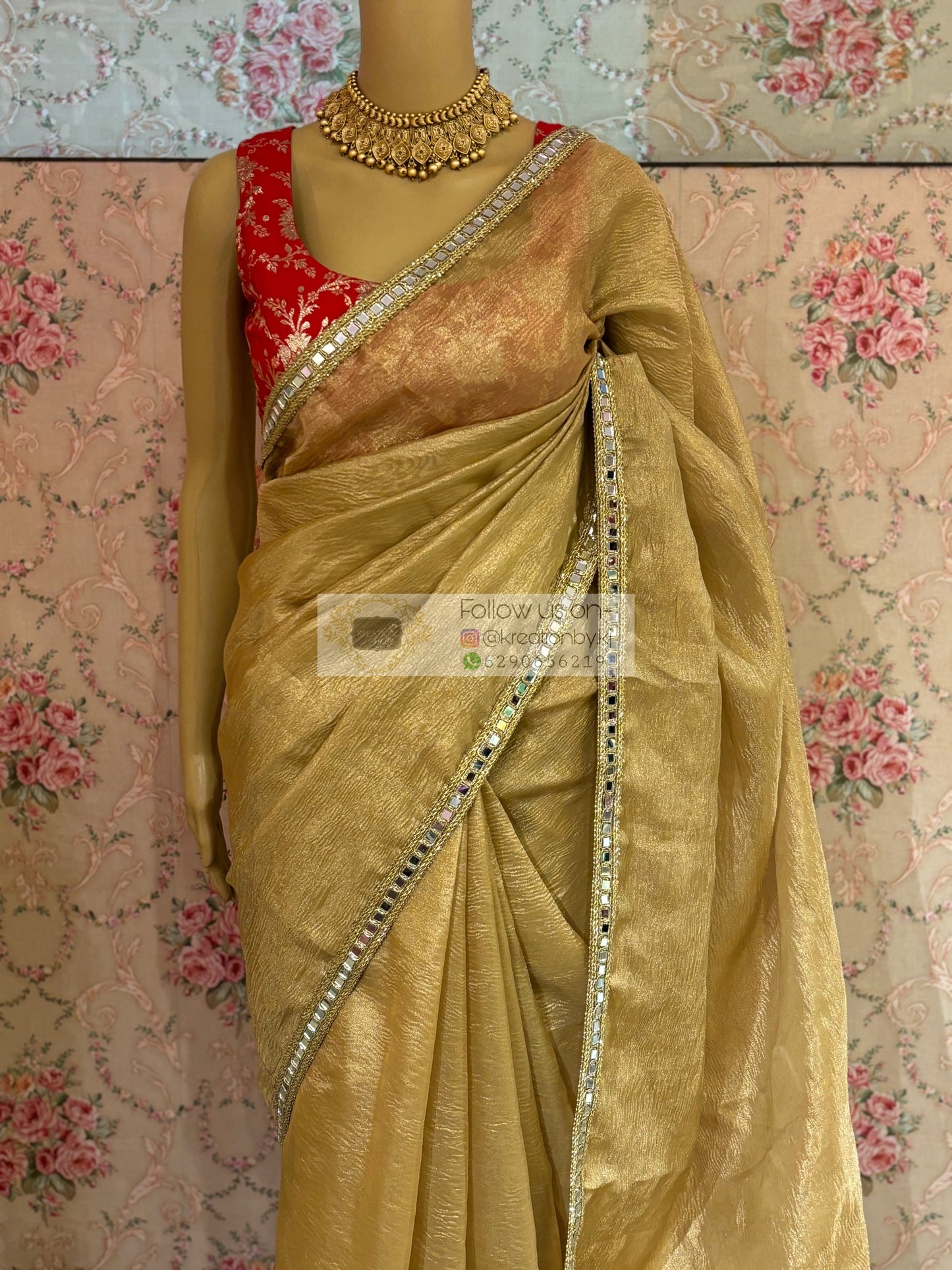 Golden Beige Tissue Saree with Mirror Border kreationbykj