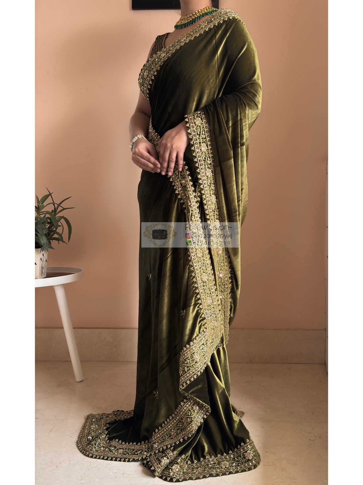 Mehendi Green Velvet Zarina Saree for Wedding Kreation by KJ