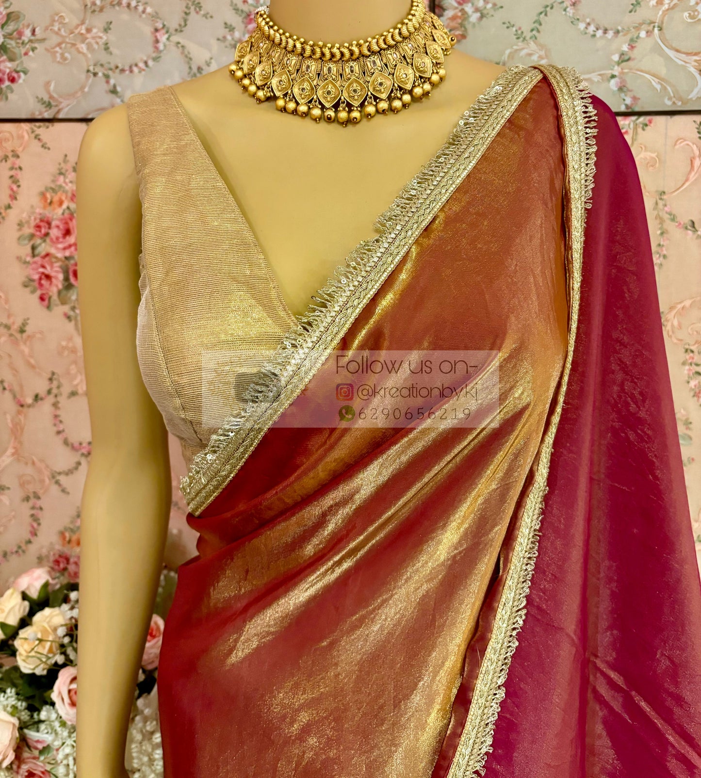 Hot Pink Metallic Shimmer Satin Banno Saree kreationbykj