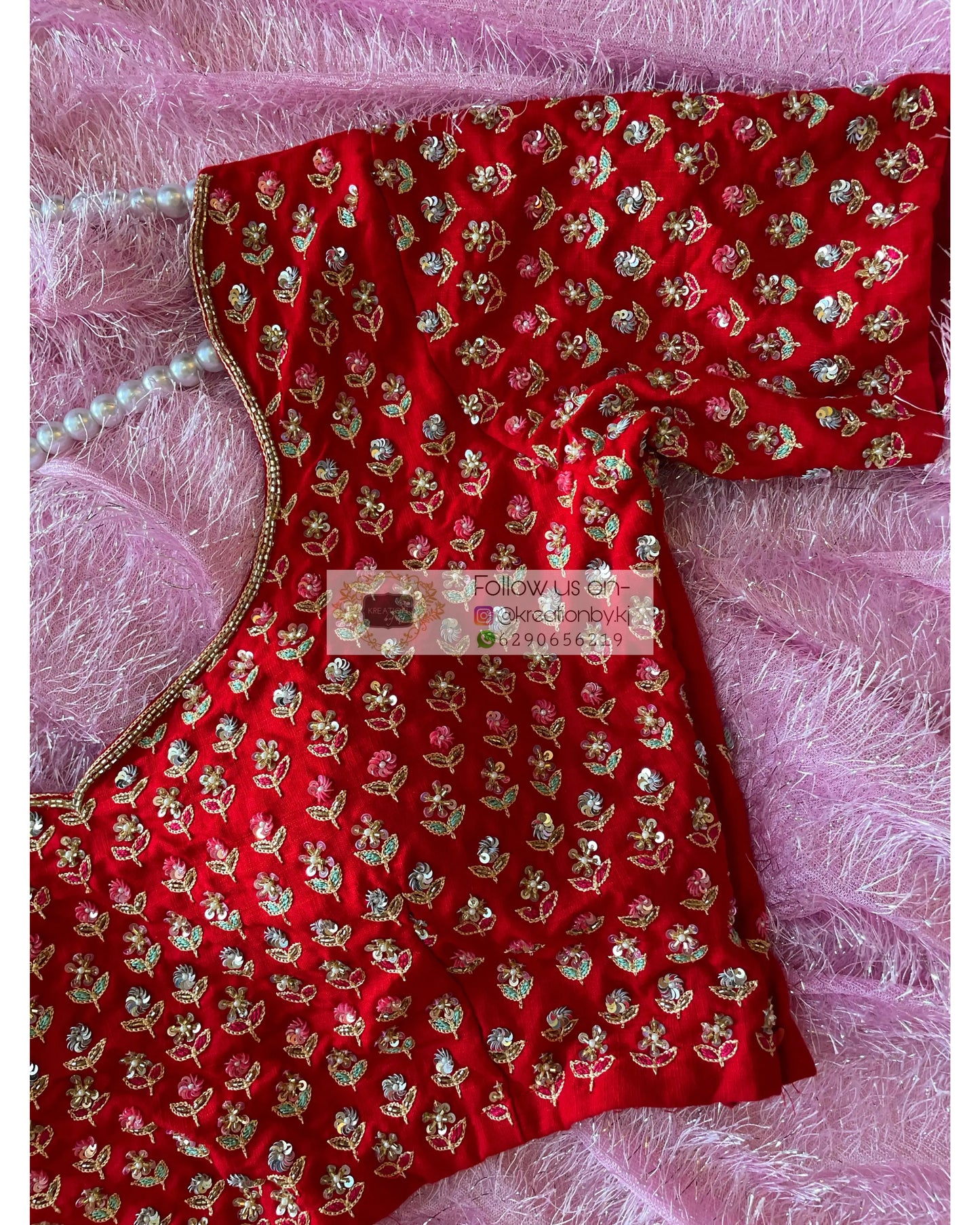 Red Handembroidered Floral Bridal Blouse Piece kreationbykj