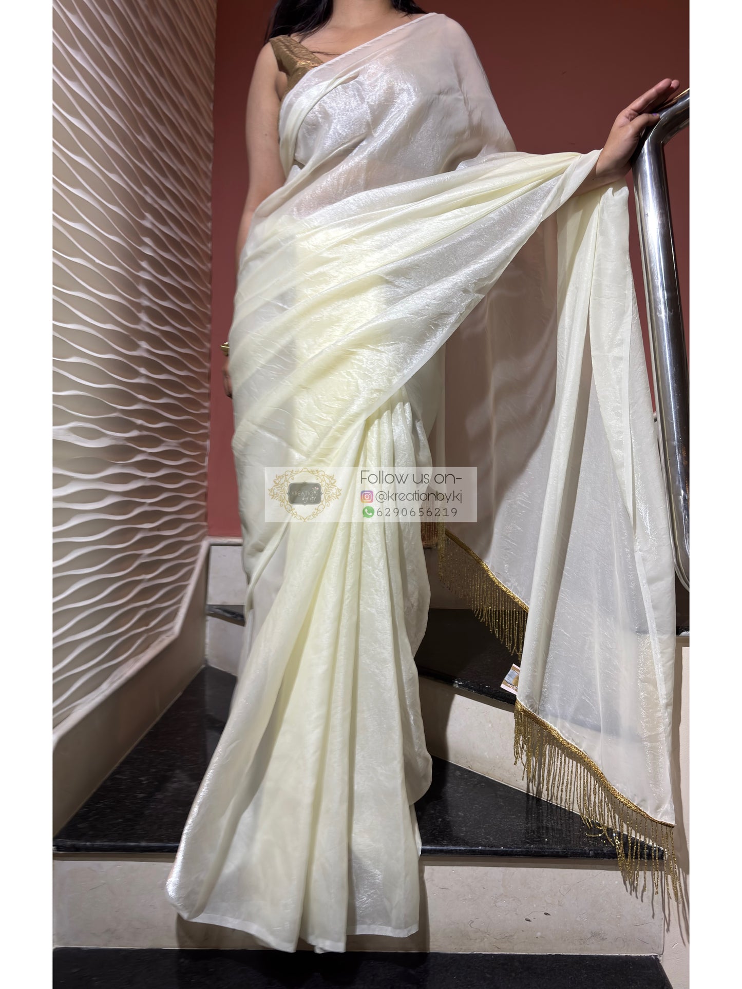 Cream Dream Shimmer Satin Saree - kreationbykj