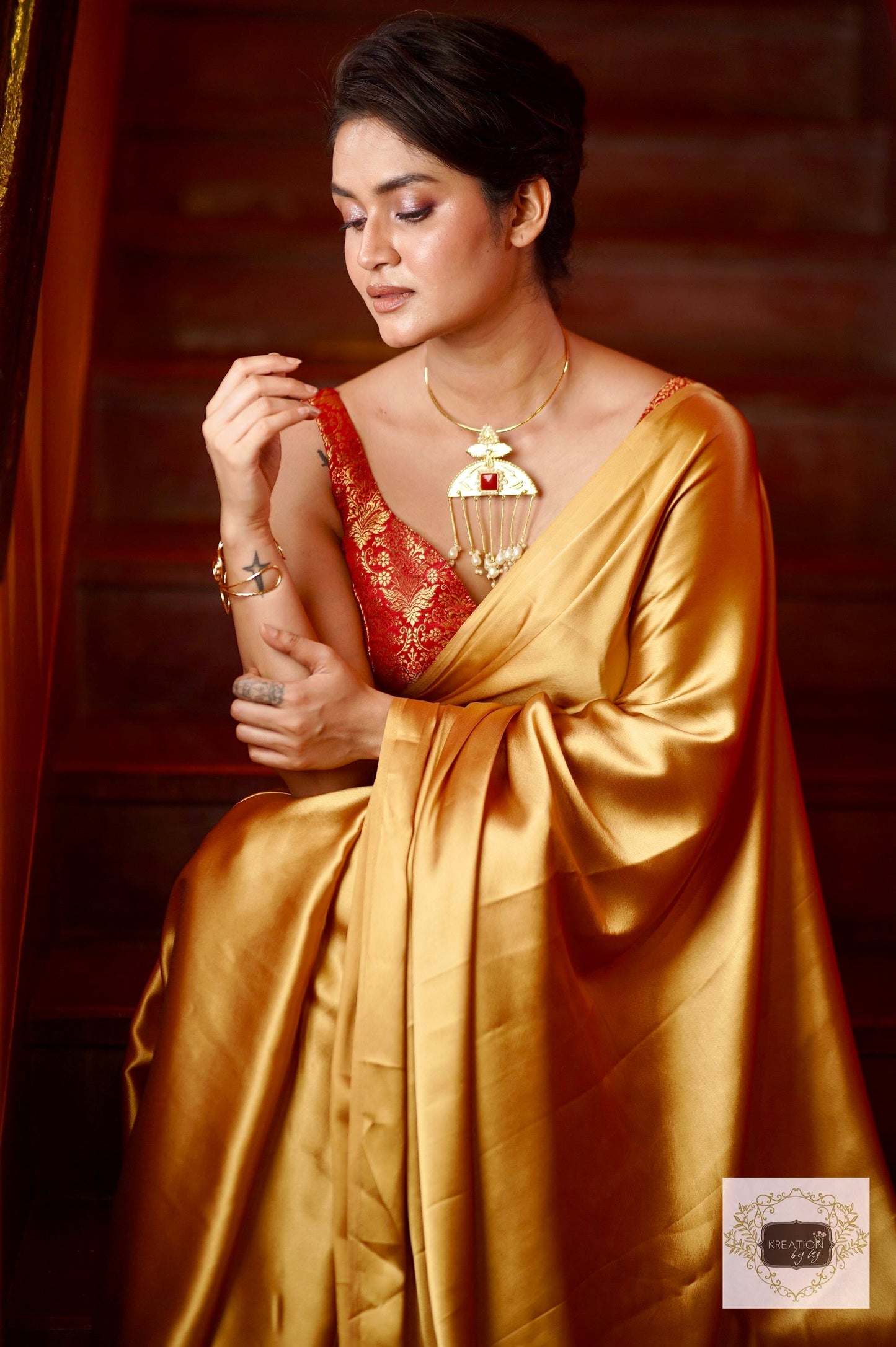 Champagne Gold Satin Saree kreationbykj