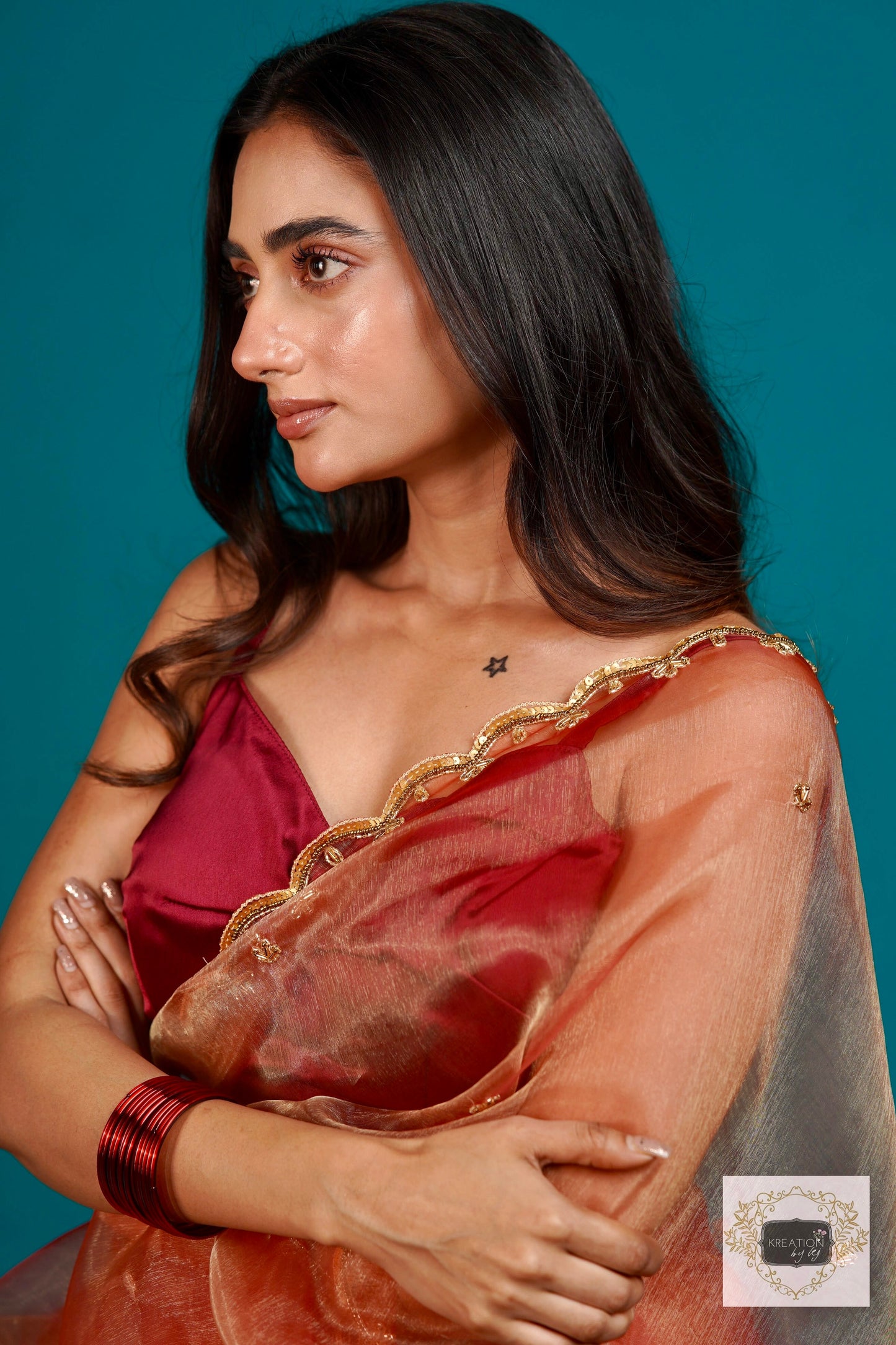 Marigold Glass Tissue Sequin Piyali Saree kreationbykj