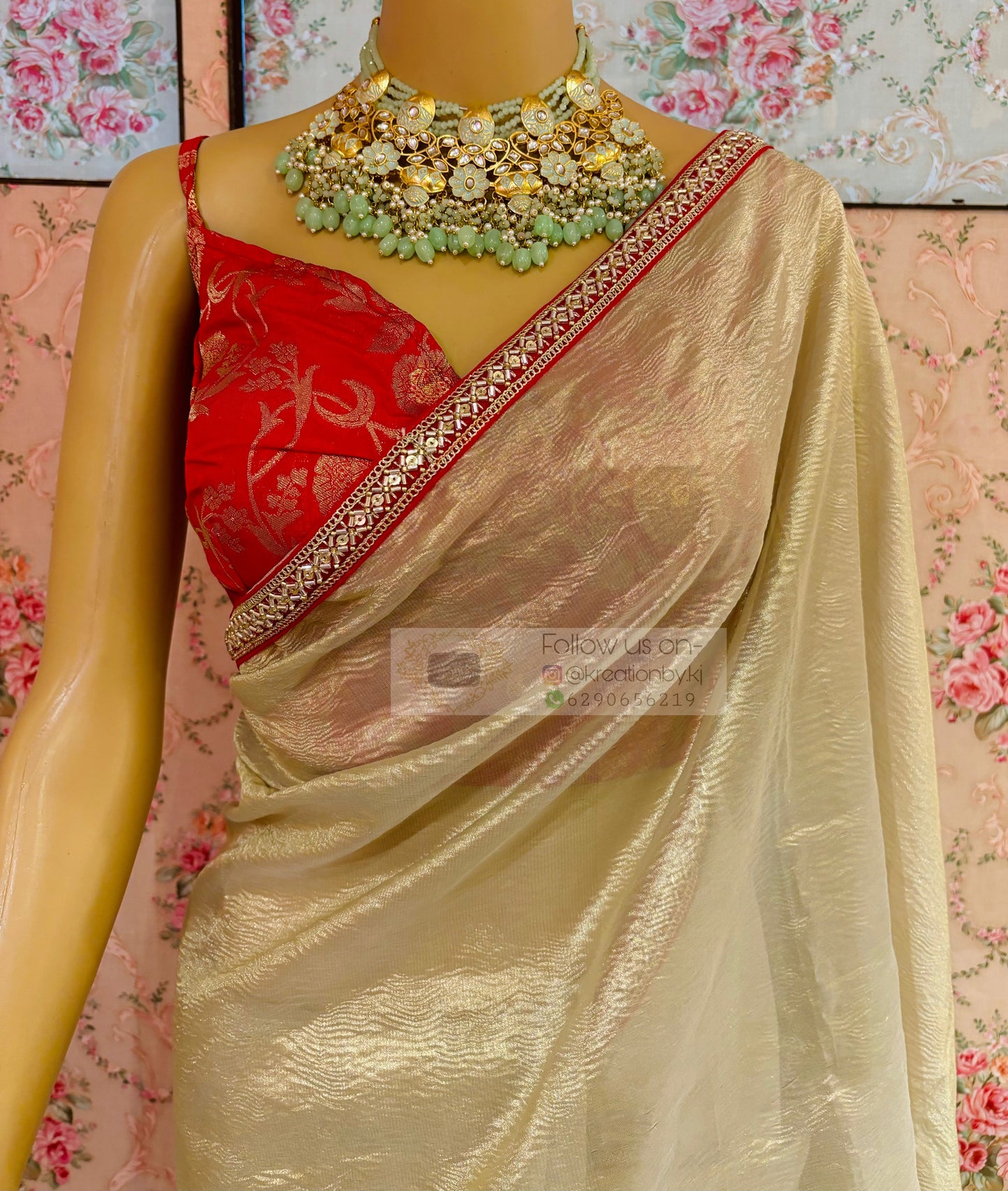 Swarna Beige Crushed Tissue Saree kreationbykj